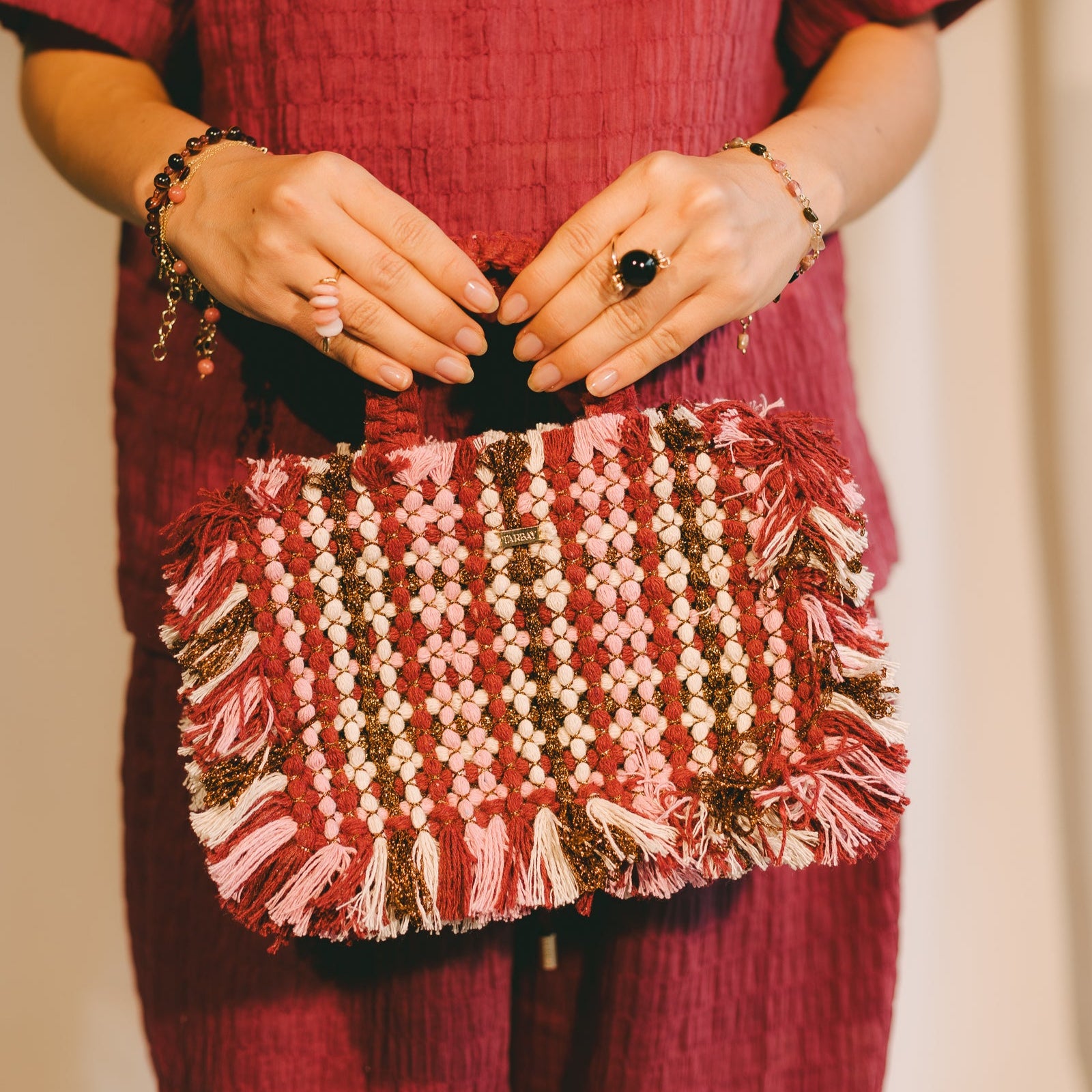 Gosssypium Tote Bag Small - Burgundy, Rose & Buttercream