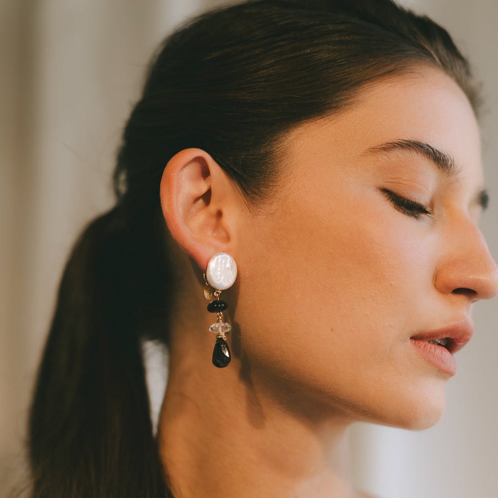 Micaela Earrings #1 (55mm) - White Pearl, Black Spinel, Tiger's Eye & 14K Gold-Filled Earrings FW25