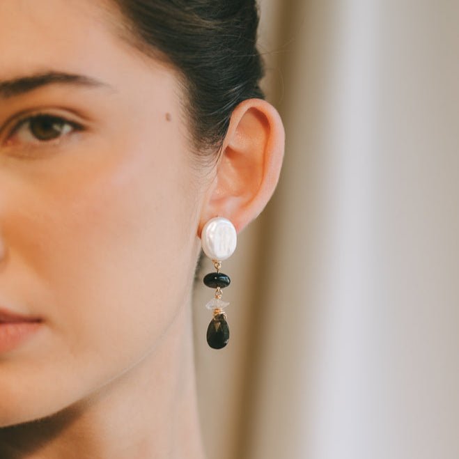 Micaela Earrings #1 (55mm) - White Pearl, Black Spinel, Tiger's Eye & 14K Gold-Filled Earrings FW25