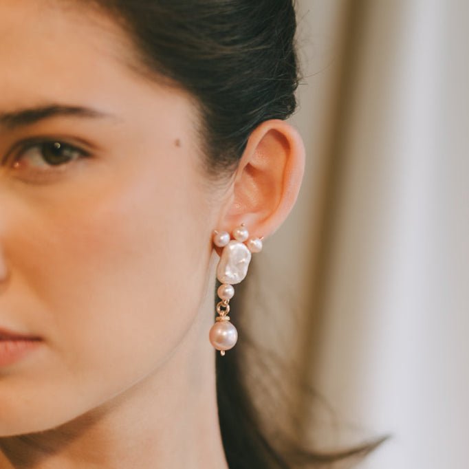 Germana Earrings #1 (55mm) - Salmon Pearl & Pearl Cay & 14K Gold-Filled Earrings FW25