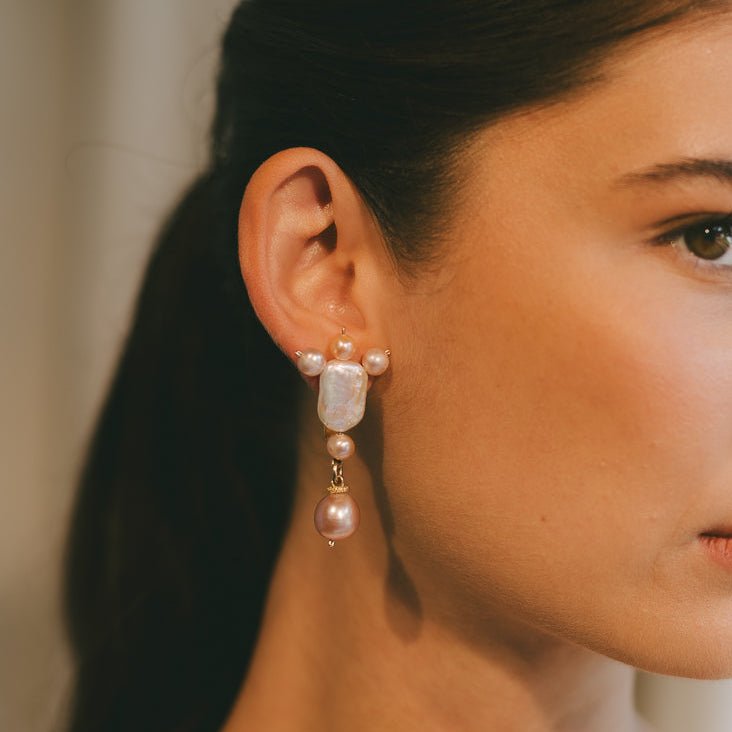 Germana Earrings #1 (55mm) - Salmon Pearl & Pearl Cay & 14K Gold-Filled Earrings FW25