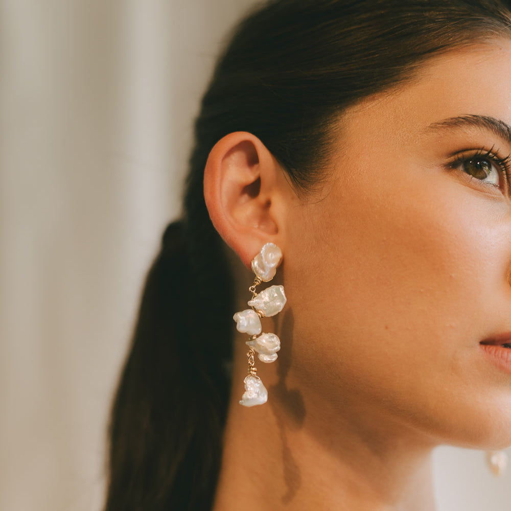Dominga Earrings #1 (70mm) - White Pearl & 14K Gold-Filled Earrings FW25