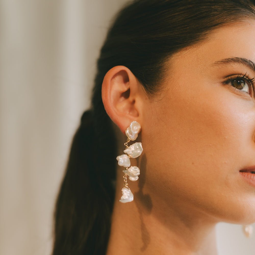 Dominga Earrings #1 (70mm) - White Pearl & 14K Gold-Filled Earrings FW25