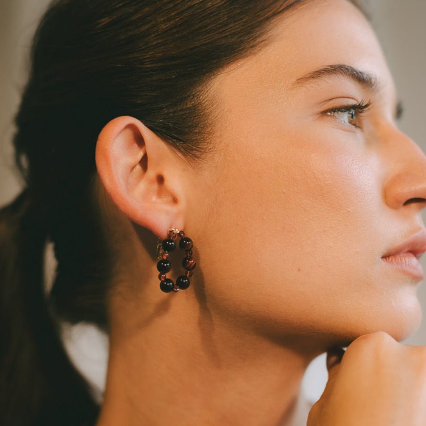 Encarnacion Earrings #1 (30mm) - Garnet, Tiger's Eye & 14K Gold-Filled Earrings FW25