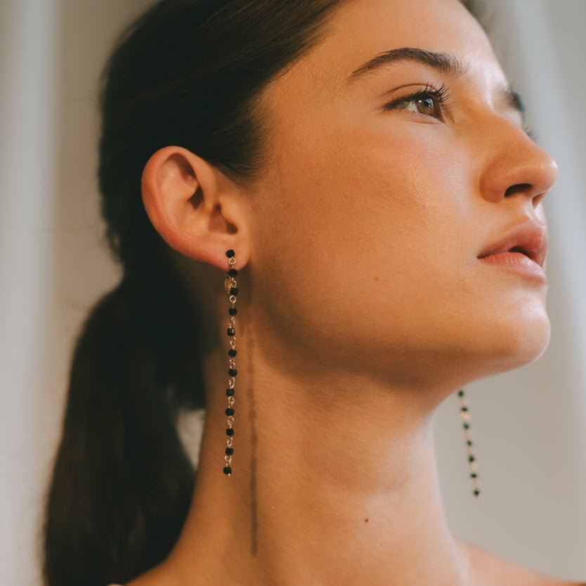 Mariana Earrings #1 (90mm) - Black Spinel & 14K Gold-Filled Earrings FW25