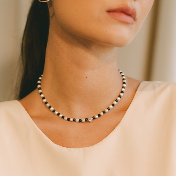 Joaquina Necklace #1 - White Pearl, Rainbow Obsidian, Quartz & 14K Gold-Filled