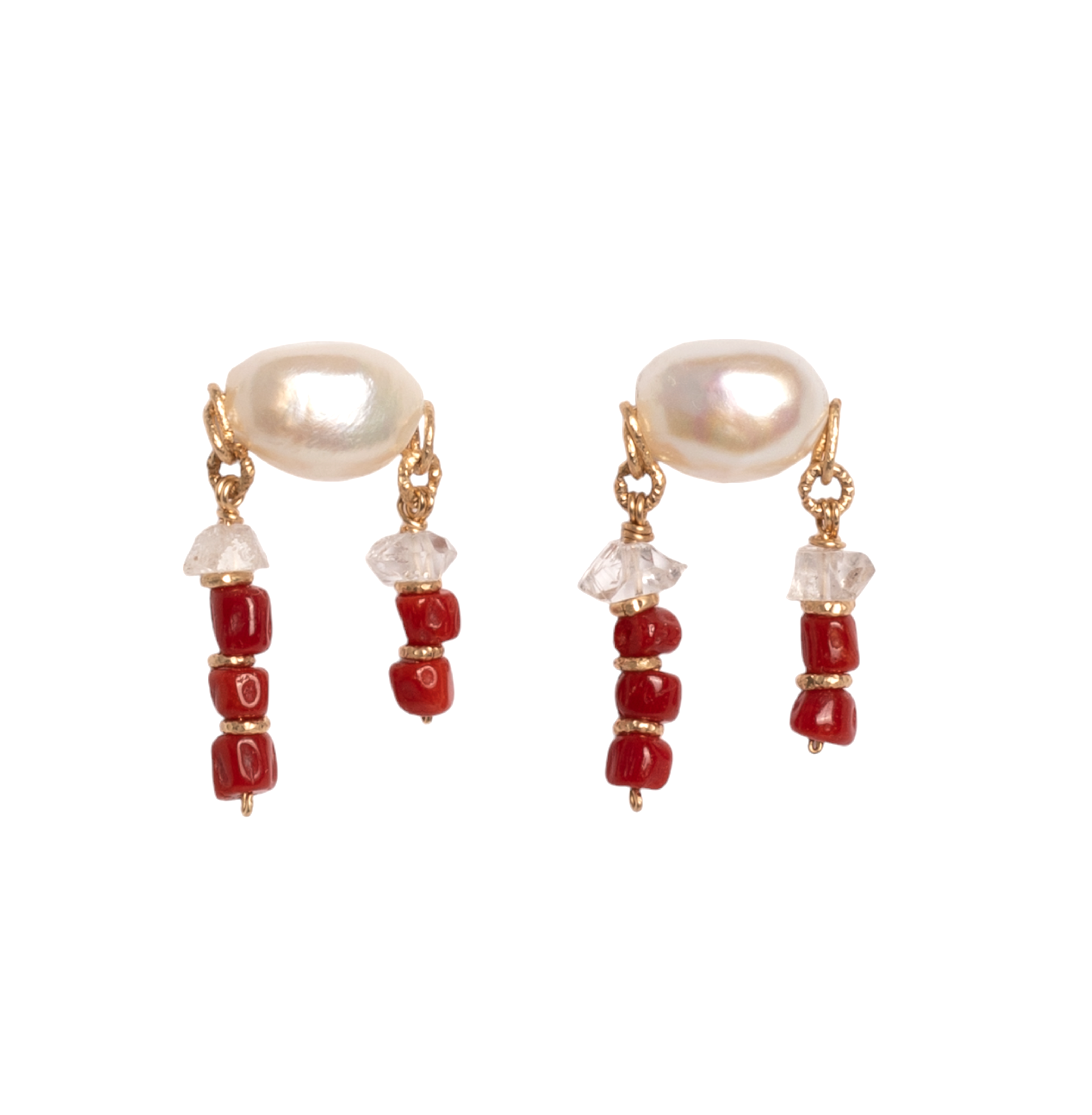Koralli Dangle Earrings #3 (30mm) - White Pearl, Quartz & Red Coral Earrings TARBAY