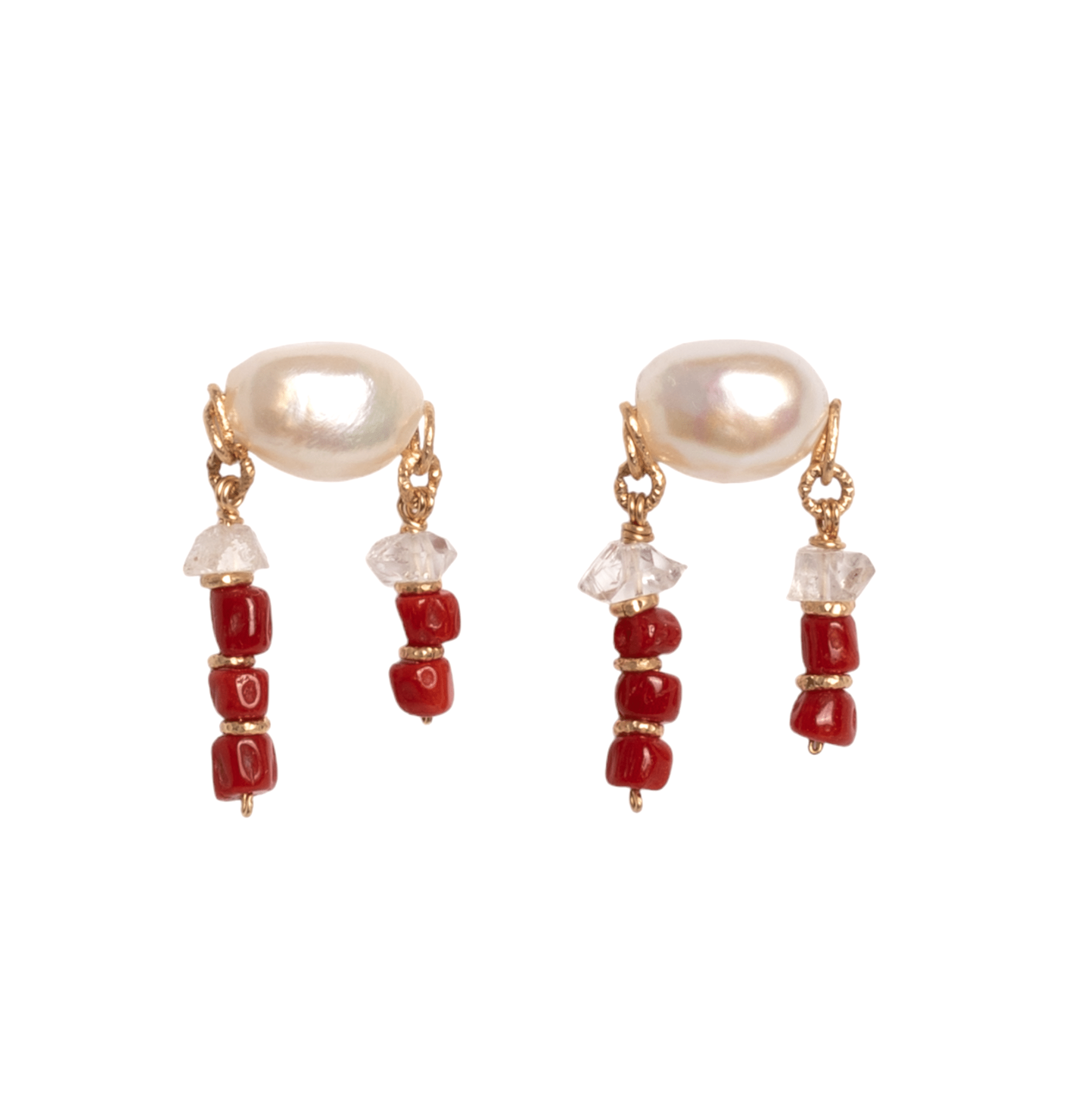Koralli Dangle Earrings #3 (30mm) - White Pearl, Quartz & Red Coral Earrings TARBAY