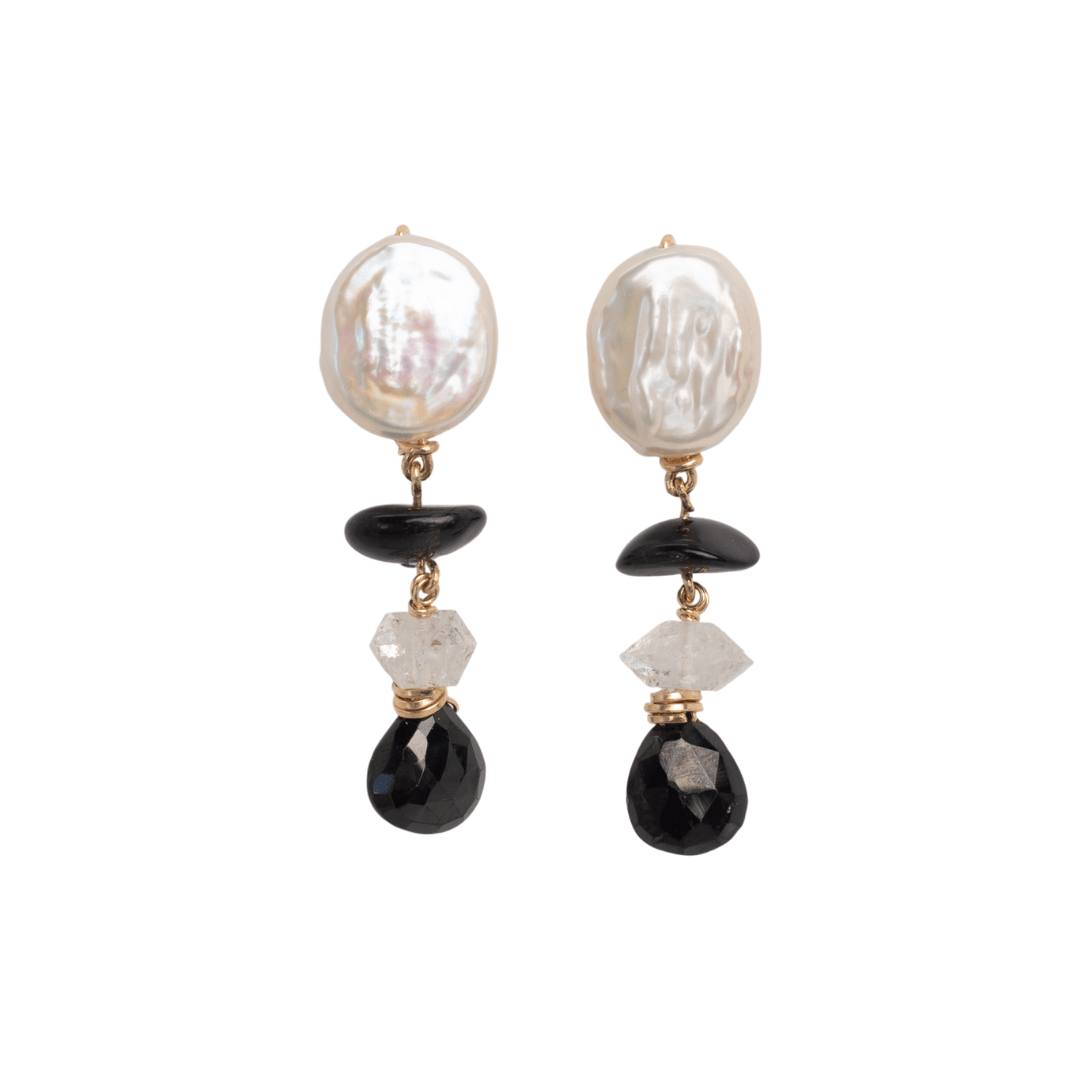 Micaela Earrings #1 (55mm) - White Pearl, Black Spinel, Tiger's Eye & 14K Gold-Filled Earrings FW25