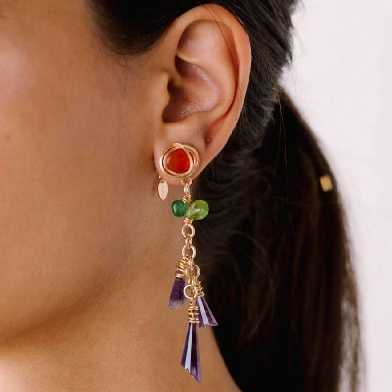 Carmencita Earrings #4 (85mm) - Carnelian, Peridot, Amethyst & Chalcedony Earrings TARBAY