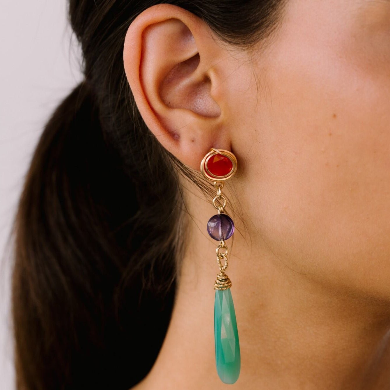 Carmencita Earrings #4 (85mm) - Carnelian, Peridot, Amethyst & Chalcedony Earrings TARBAY