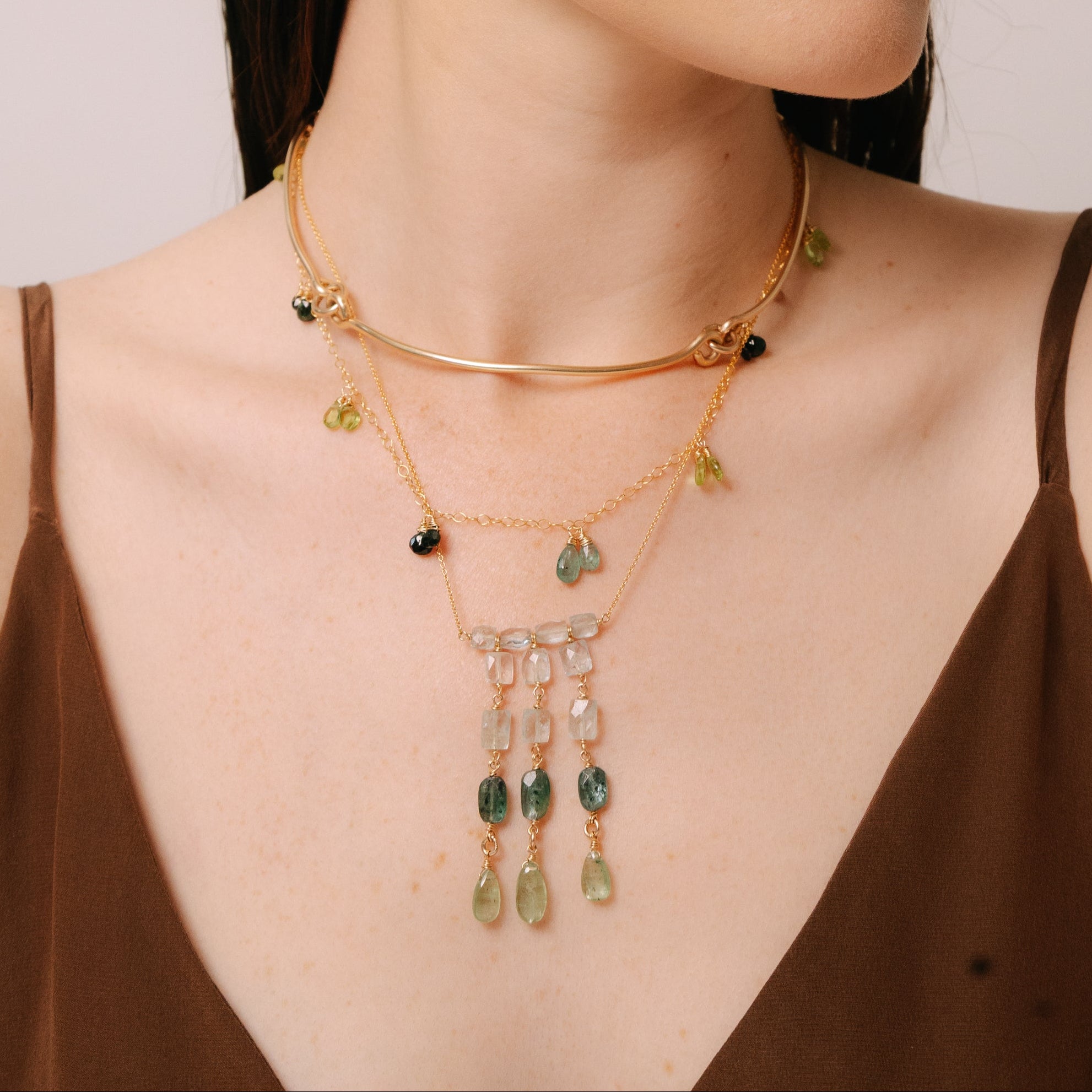 Vená Necklace #1 (47cm) - Peridot, Aquamarine, Kyanite & 14K Gold-Filled Necklaces TARBAY