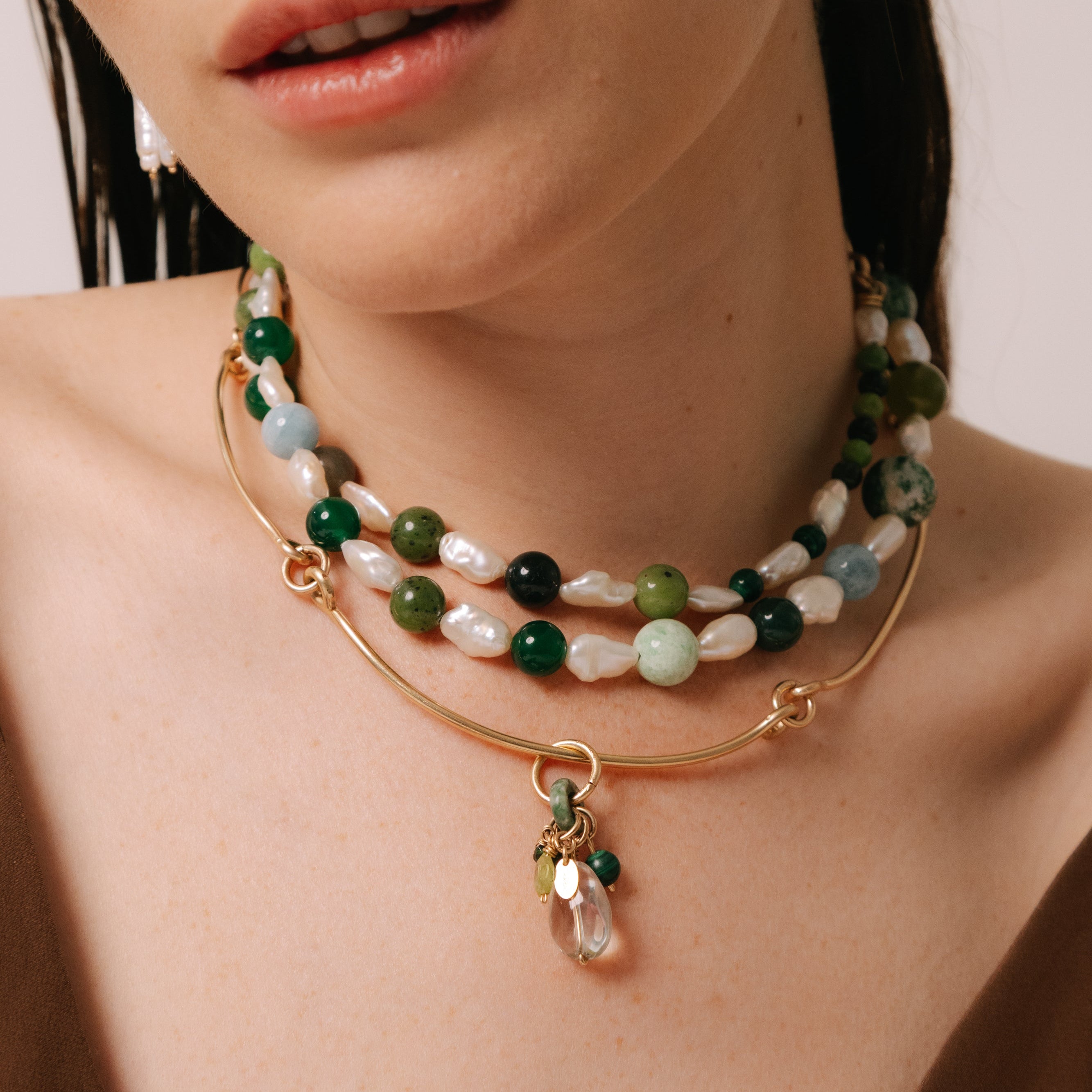 Yuri Pendant #2 (35mm) - Jade, Chrome, Malachite, Amethyst & 14K Gold-Filled