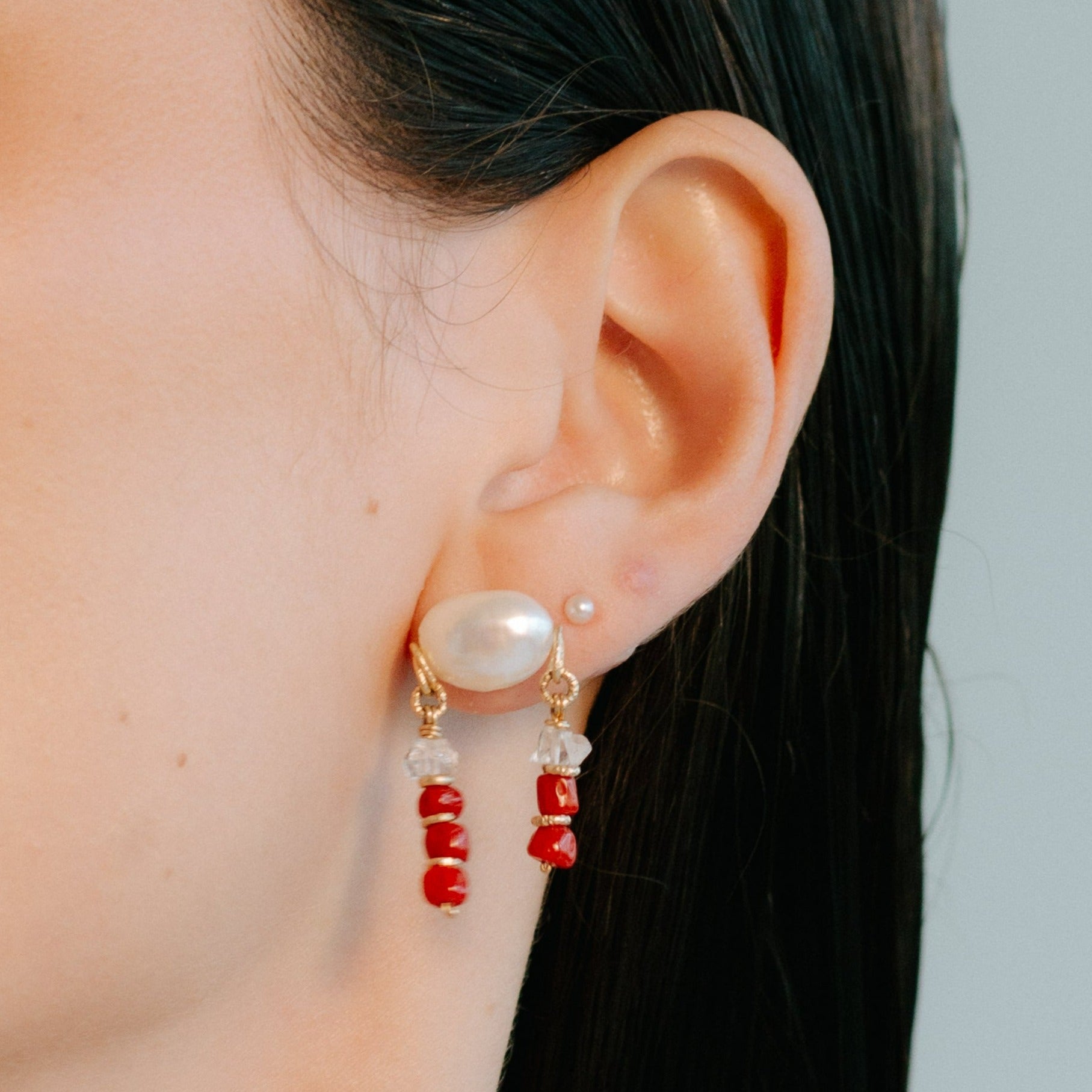 Koralli Dangle Earrings #3 (30mm) - White Pearl, Quartz & Red Coral Earrings TARBAY
