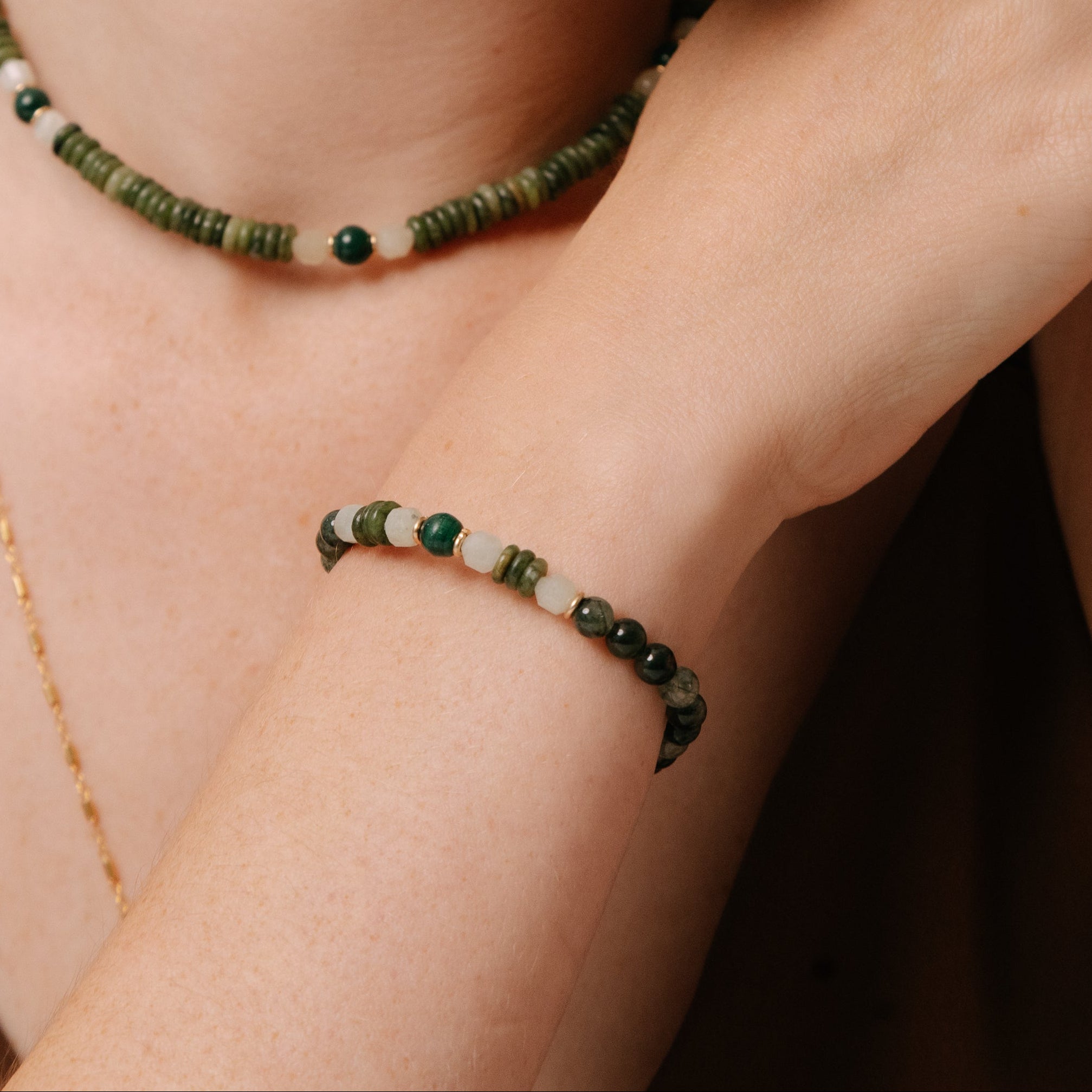 Saró Marú Bracelet #1 (19cm)- Malachite, Jade, Quartz, Green Aquamarine & 14K Gold-Filled Bracelets TARBAY