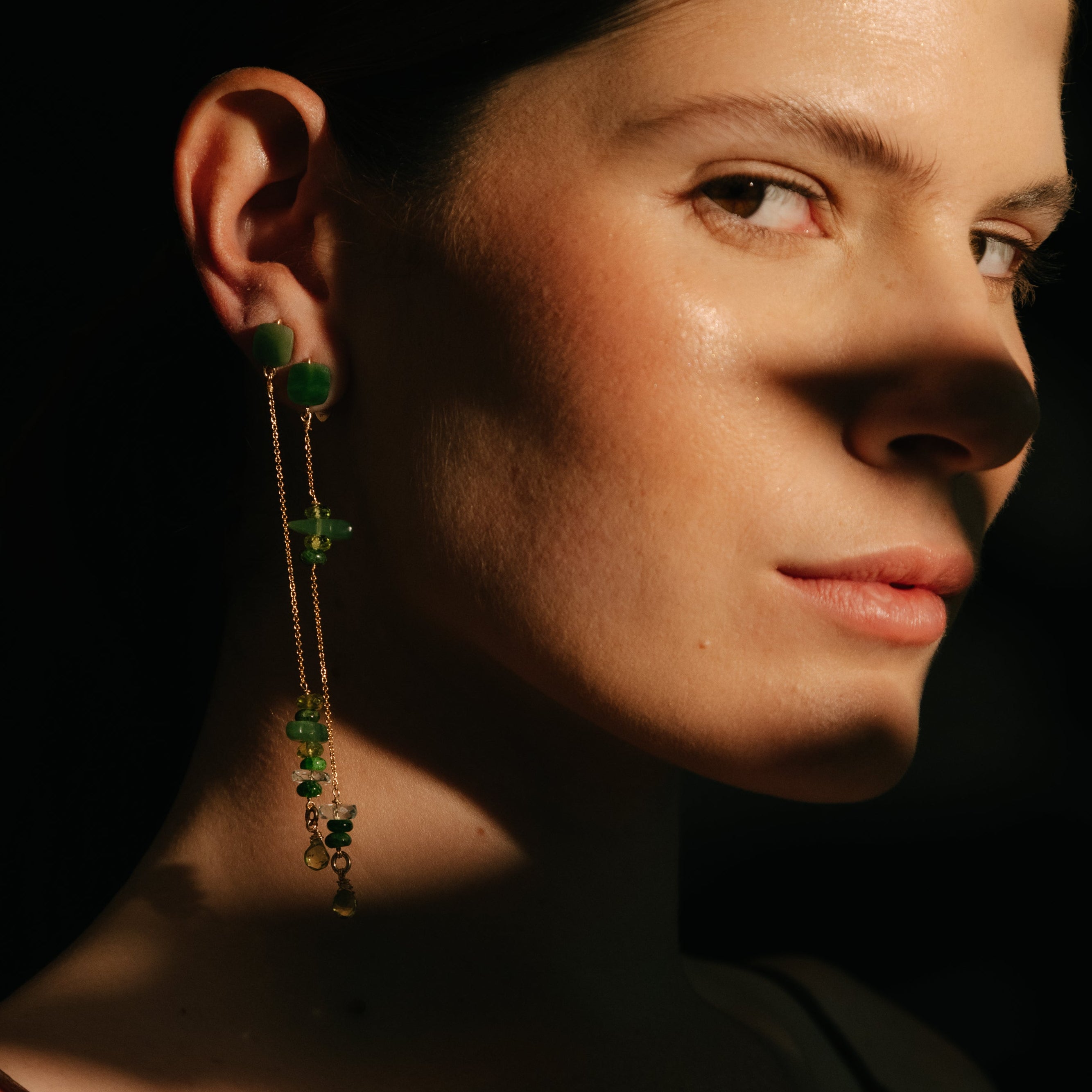 Yuri Earrings #2 (10.5 cm) - Jade, Chrome, Peridot, Aquamarine & 14K Gold-Filled Earrings TARBAY