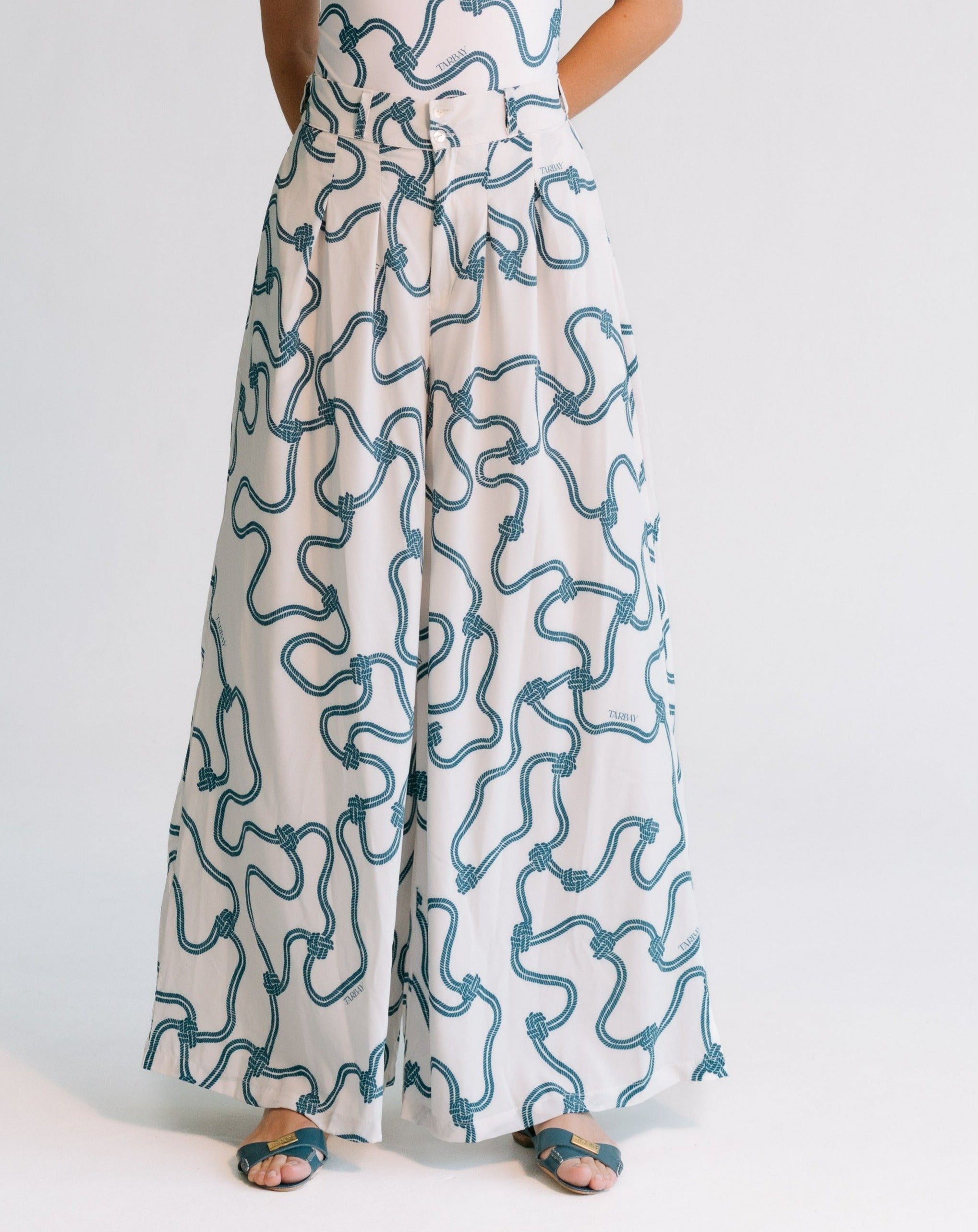 Chantal Pants Print Swimwear - White & Blue Swimsuits TARBAY   