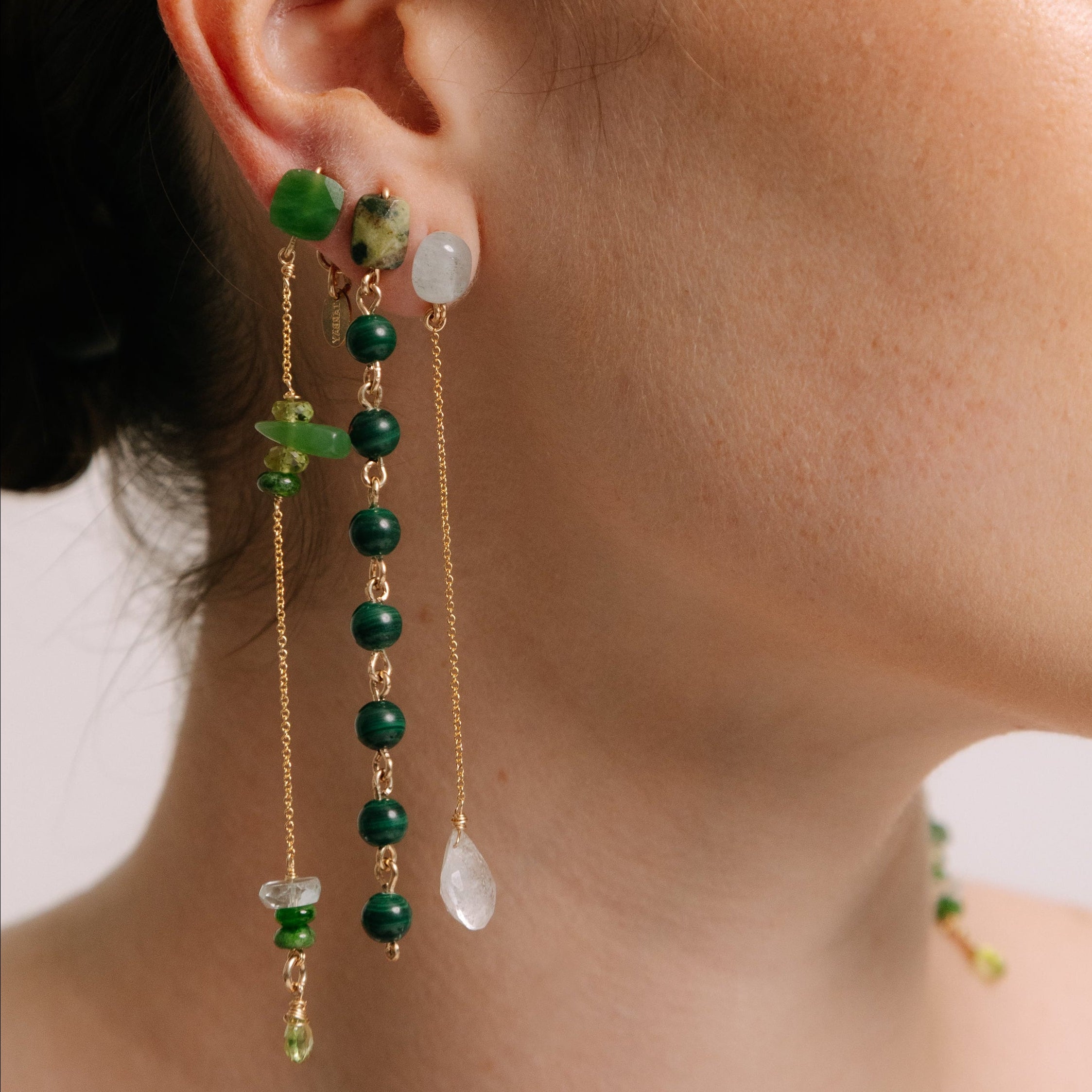Yuri Earrings #2 (10.5 cm) - Jade, Chrome, Peridot, Aquamarine & 14K Gold-Filled Earrings TARBAY