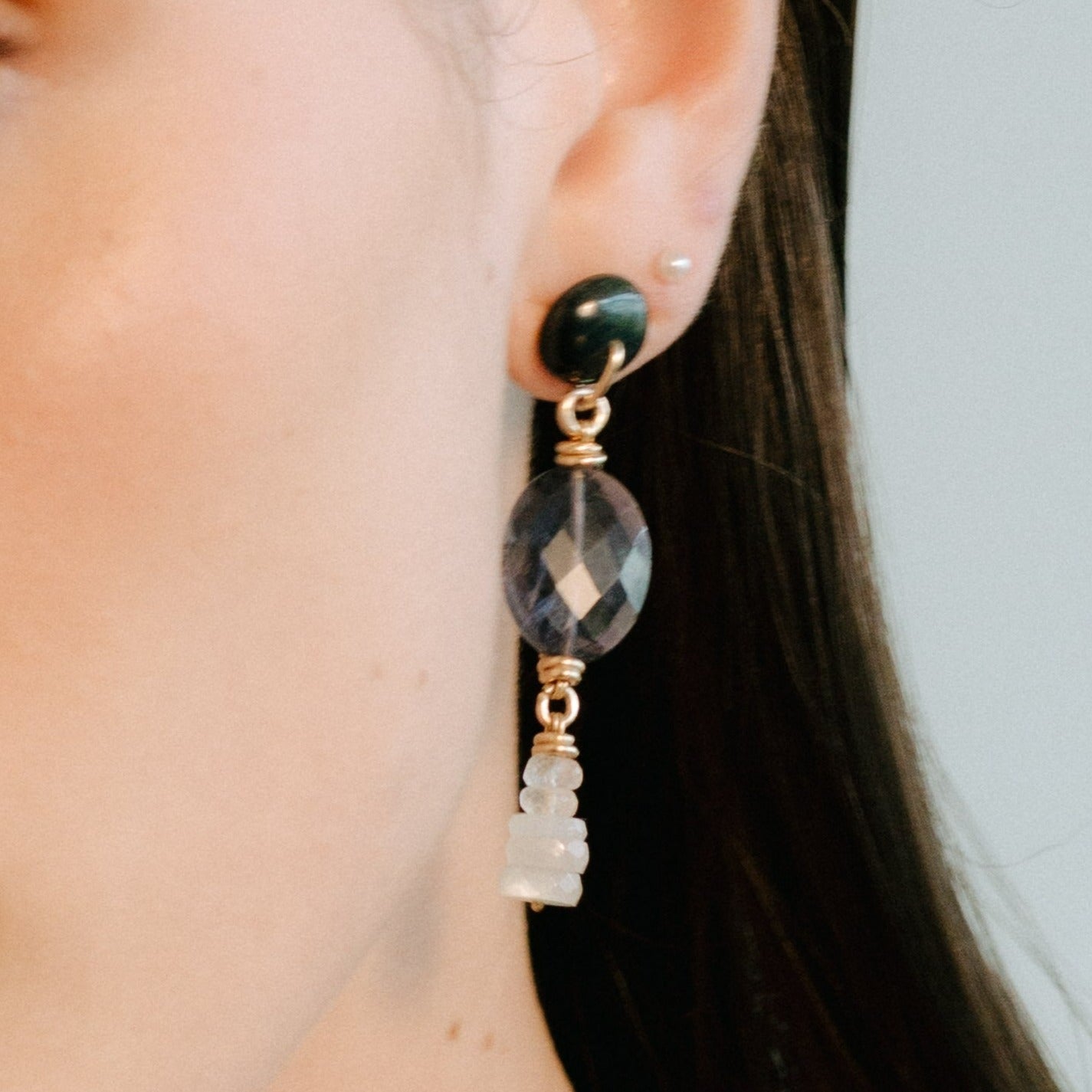 Nartella Earrings (55mm) - Blue Tiger Eye, Iolite & Moon Stone Earrings TARBAY
