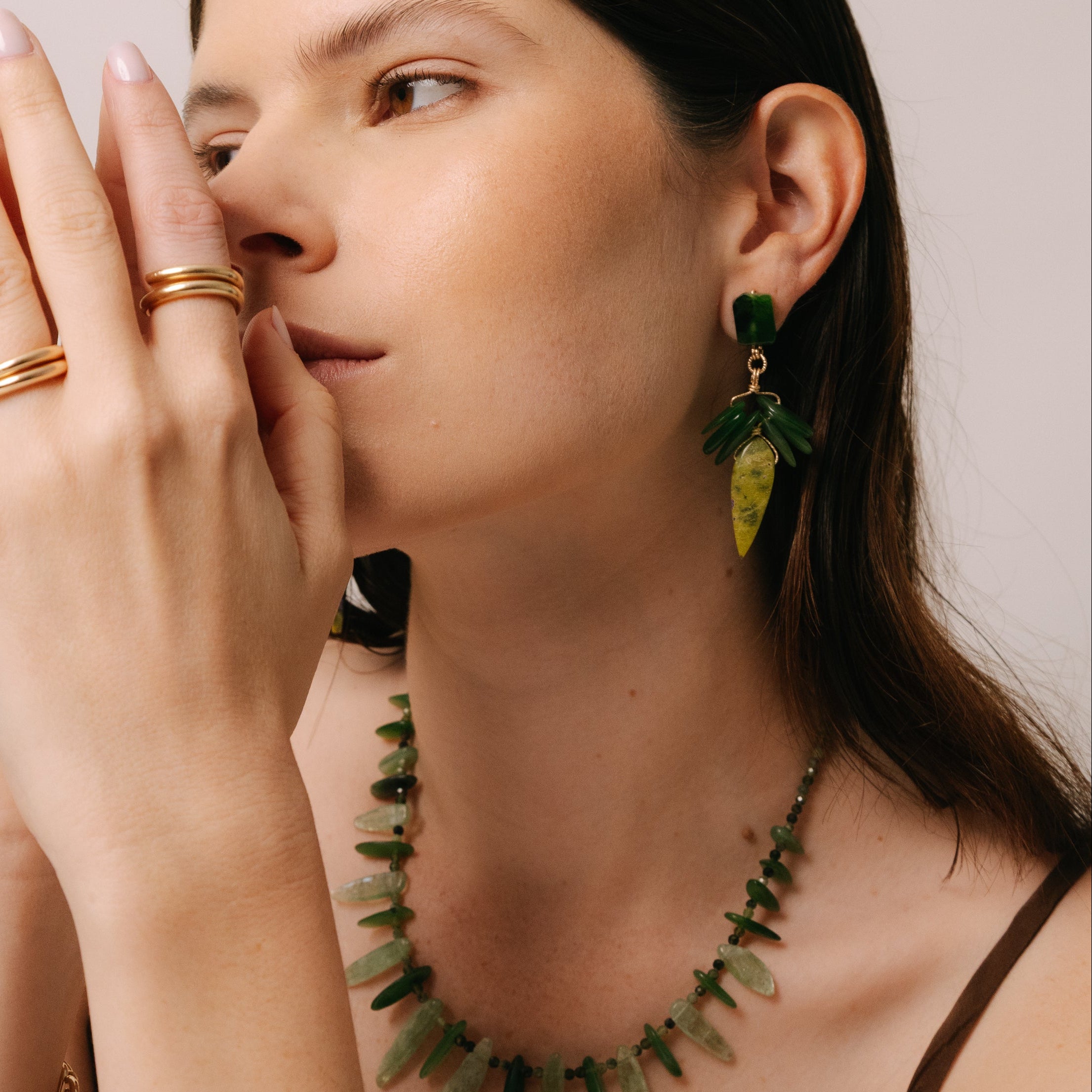 Yuri Earrings (65mm) - Jade, Stichtite & 14K Gold-Filled Earrings TARBAY