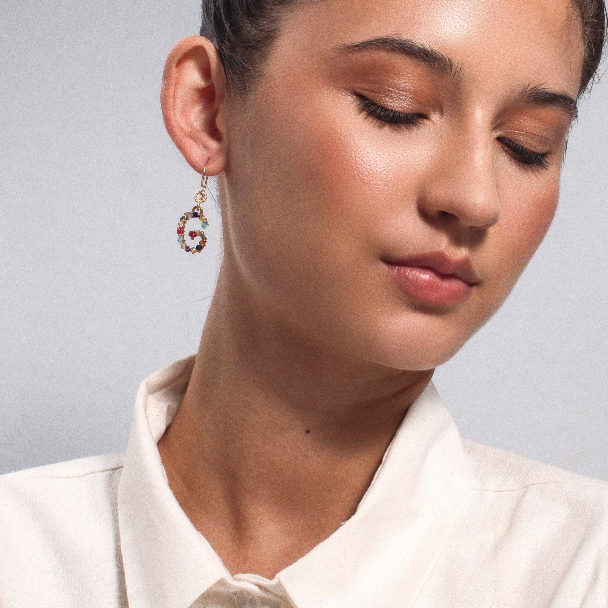Handmade Letter Dangle Earring #2 (35mm) - Mix Gems & 14K Gold-Filled Earrings CLASICOS