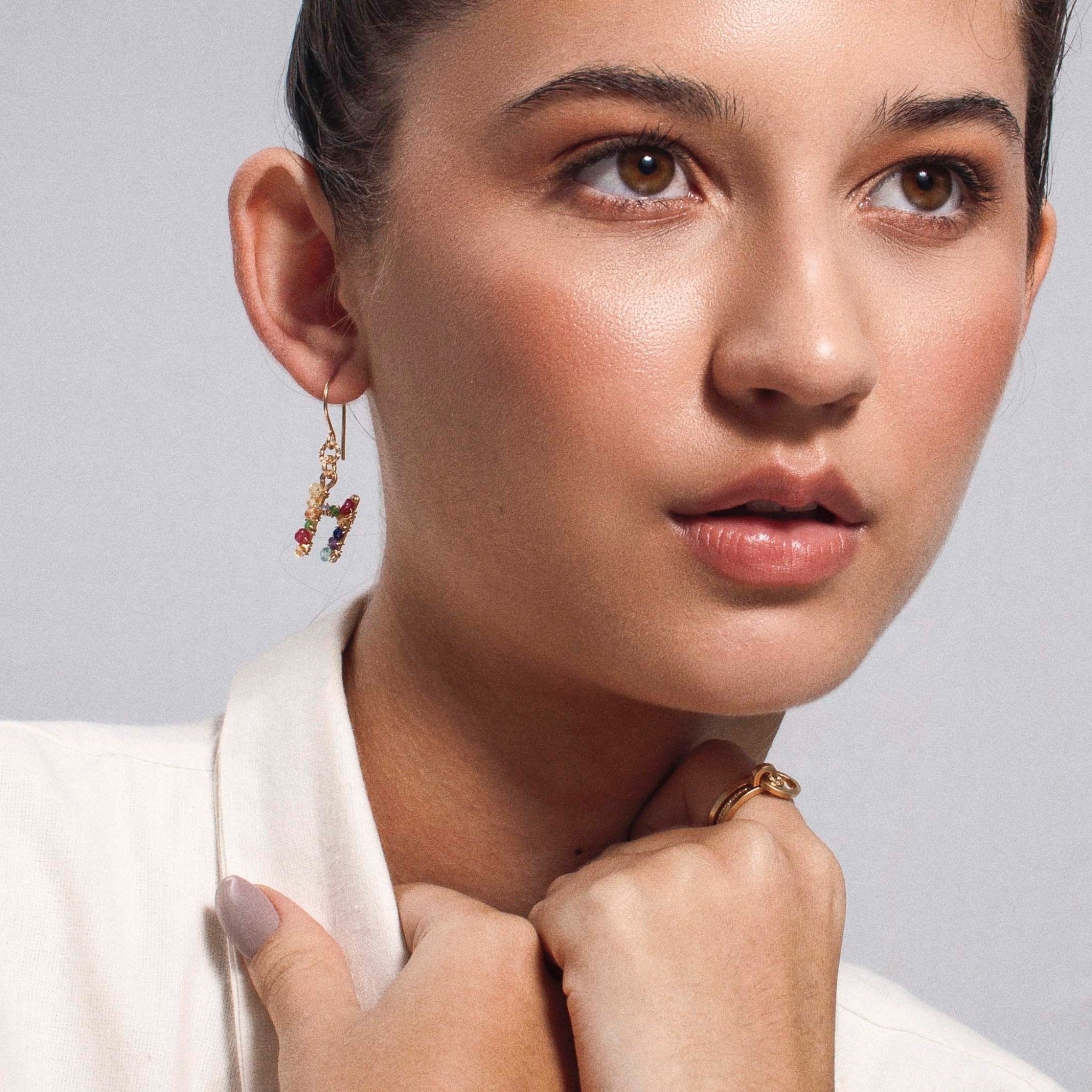 Handmade Letter Dangle Earring #2 (35mm) - Mix Gems & 14K Gold-Filled Earrings CLASICOS