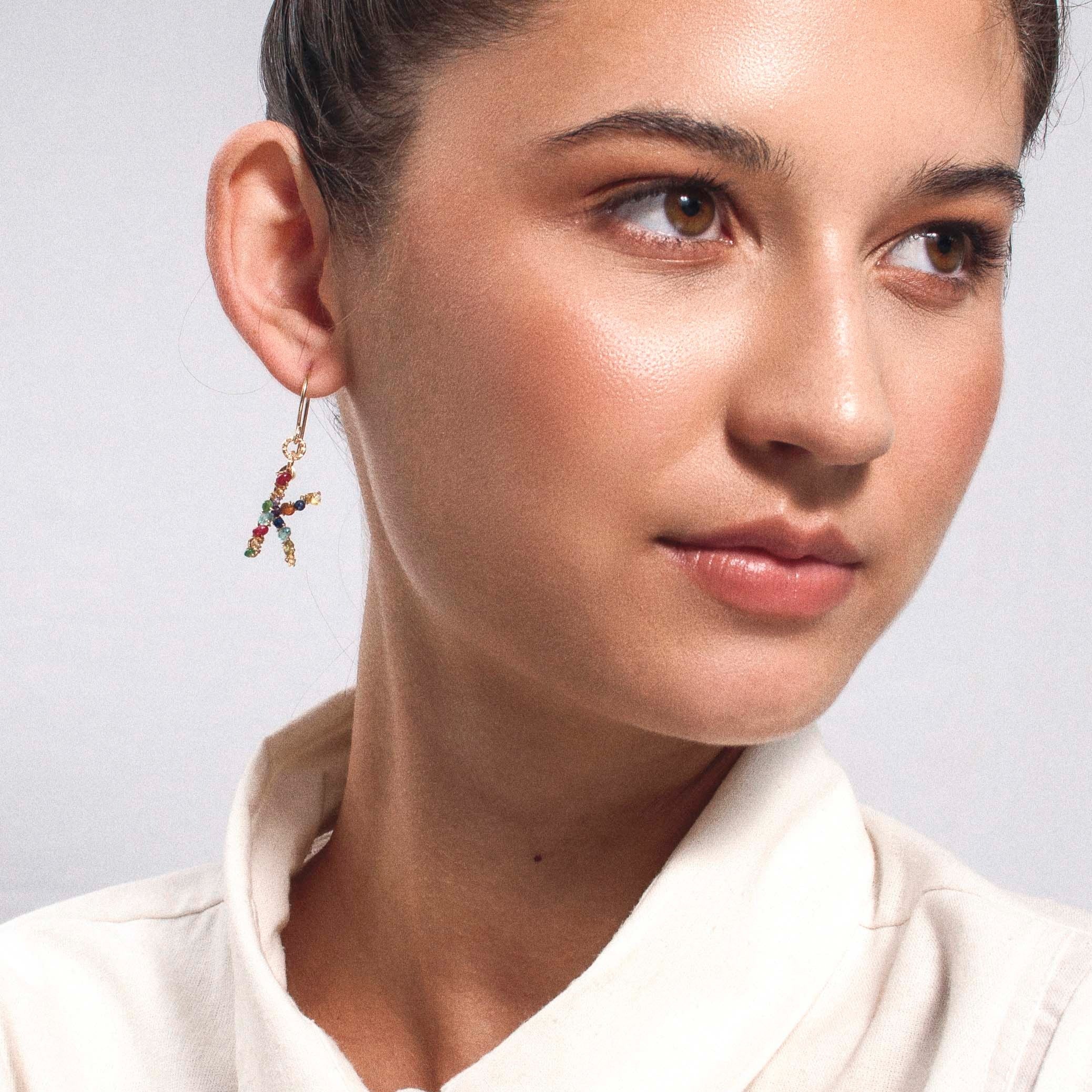 Handmade Letter Dangle Earring #2 (35mm) - Mix Gems & 14K Gold-Filled Earrings TARBAY