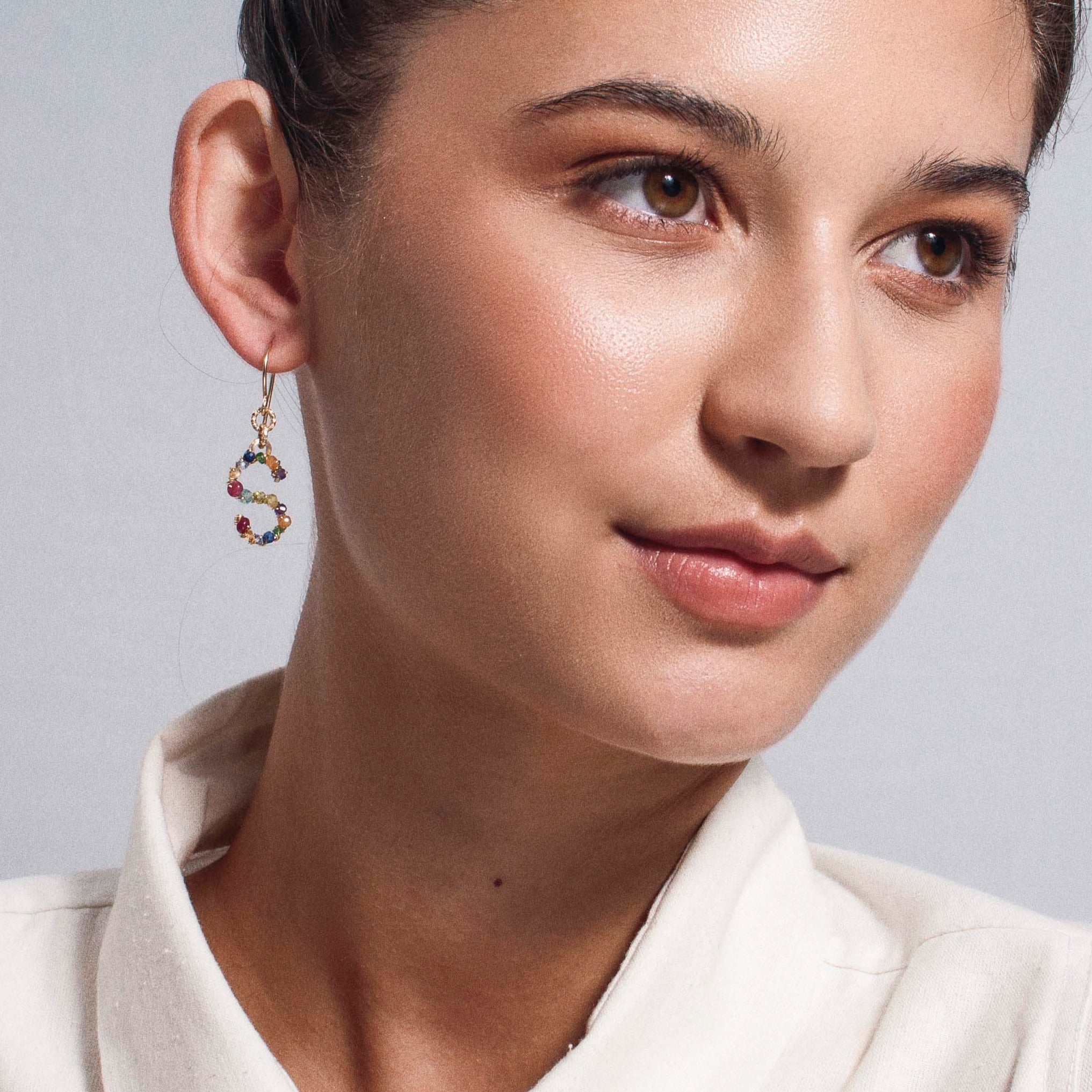 Handmade Letter Dangle Earring #2 (35mm) - Mix Gems & 14K Gold-Filled Earrings TARBAY