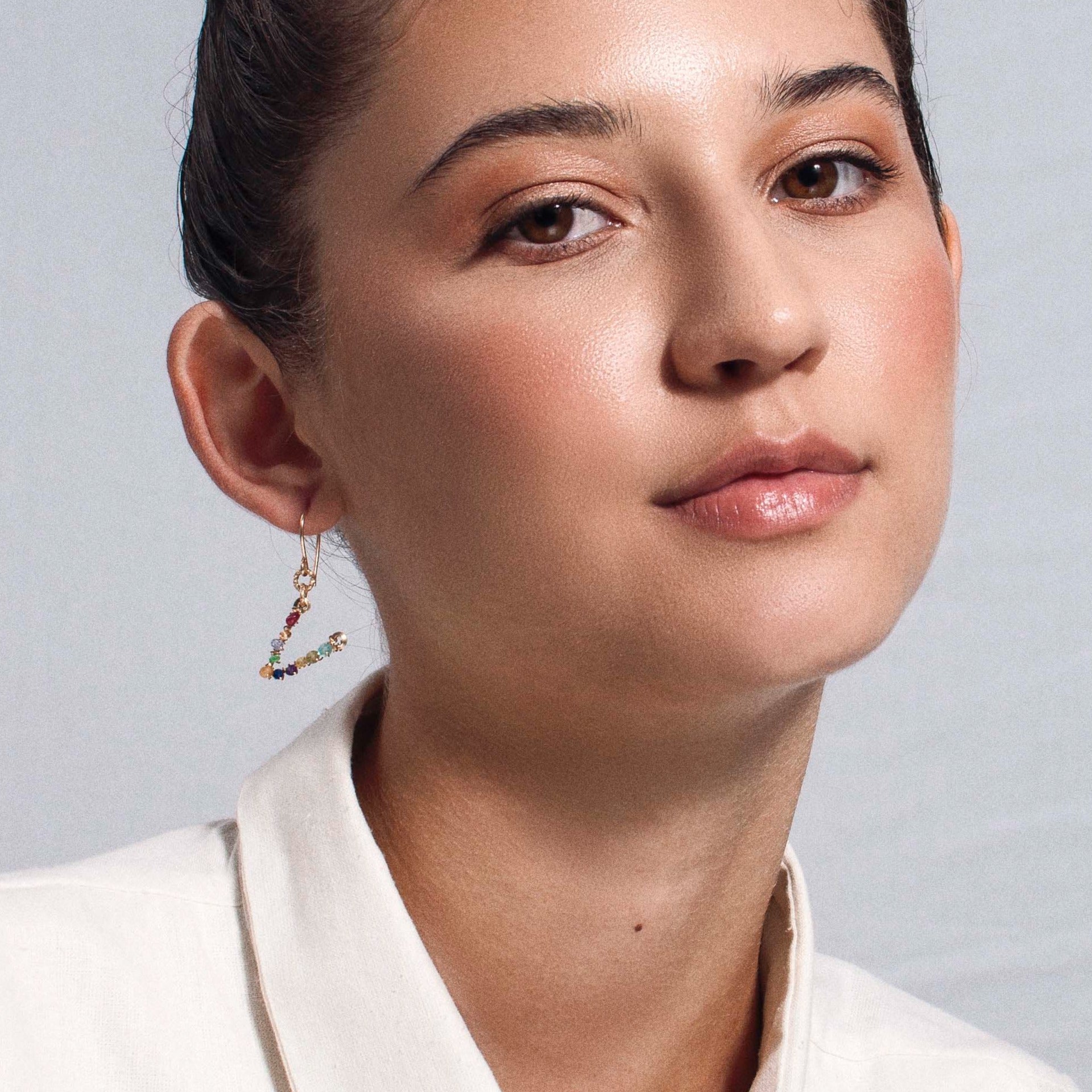 Handmade Letter Dangle Earring #2 (35mm) -  Mix Gems & Yellow Gold Earrings TARBAY