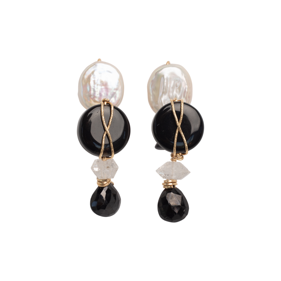 Micaela Earrings #1 (55mm) - White Pearl, Black Spinel, Tiger's Eye & 14K Gold-Filled