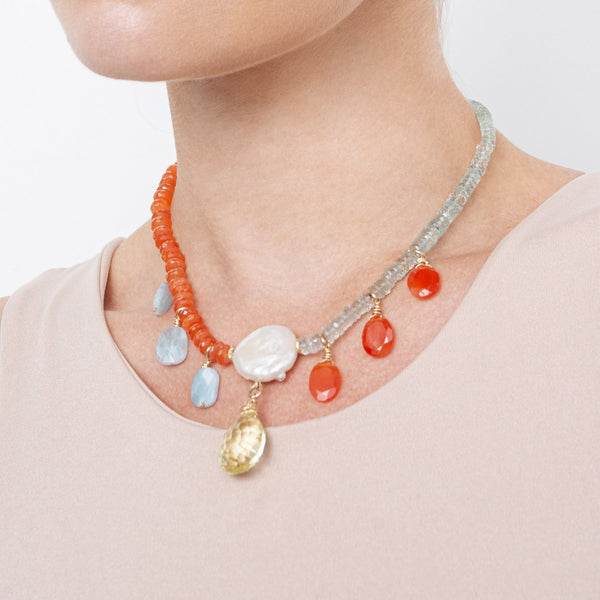 Constanza Necklace #1 - Aquamarine, Carnelian, Citrine, Pearl Necklaces TARBAY   