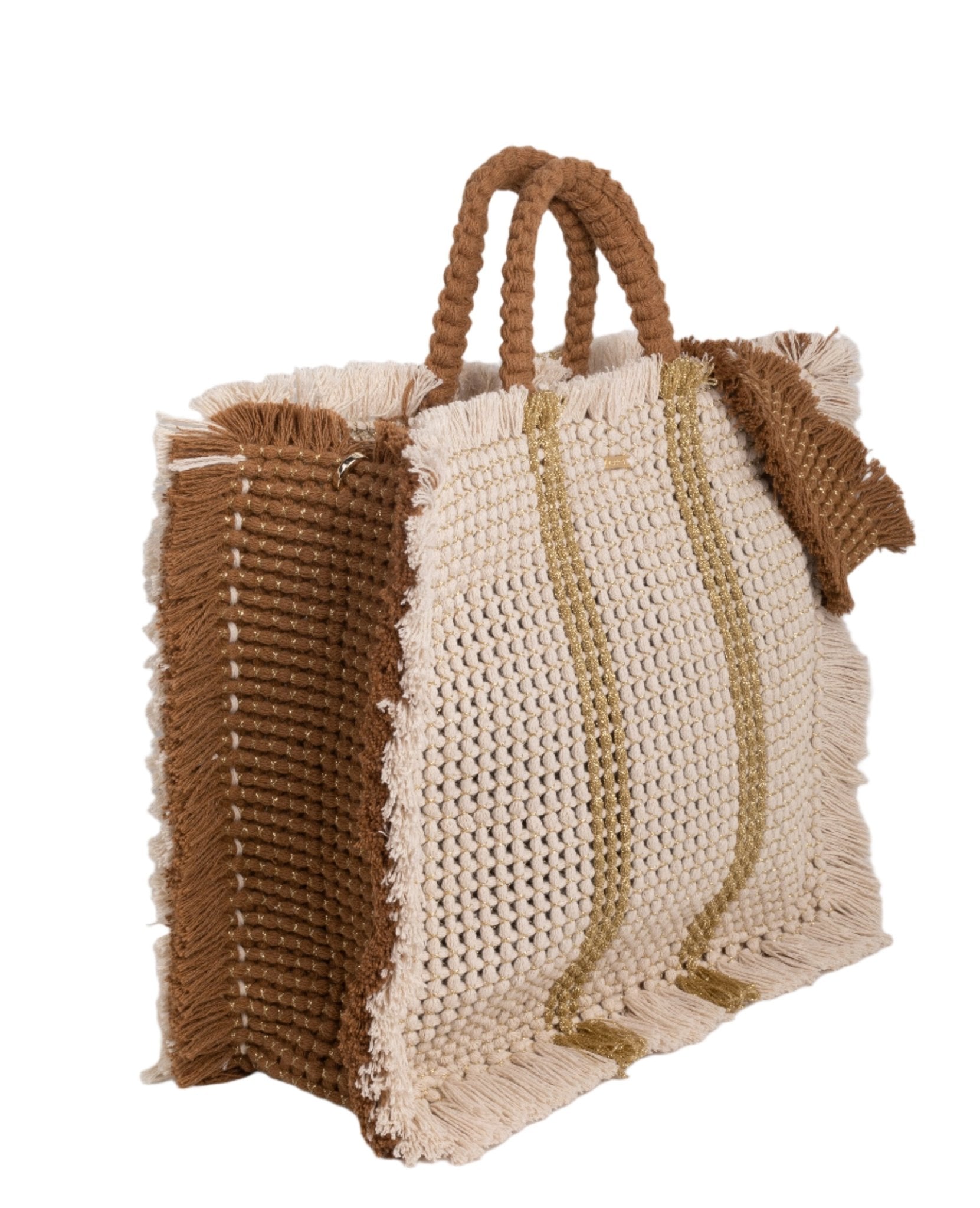 Gossypium Tote Bag Large - Buttercream, Tobacco & Gold Hand & Crossbody Bags TARBAY