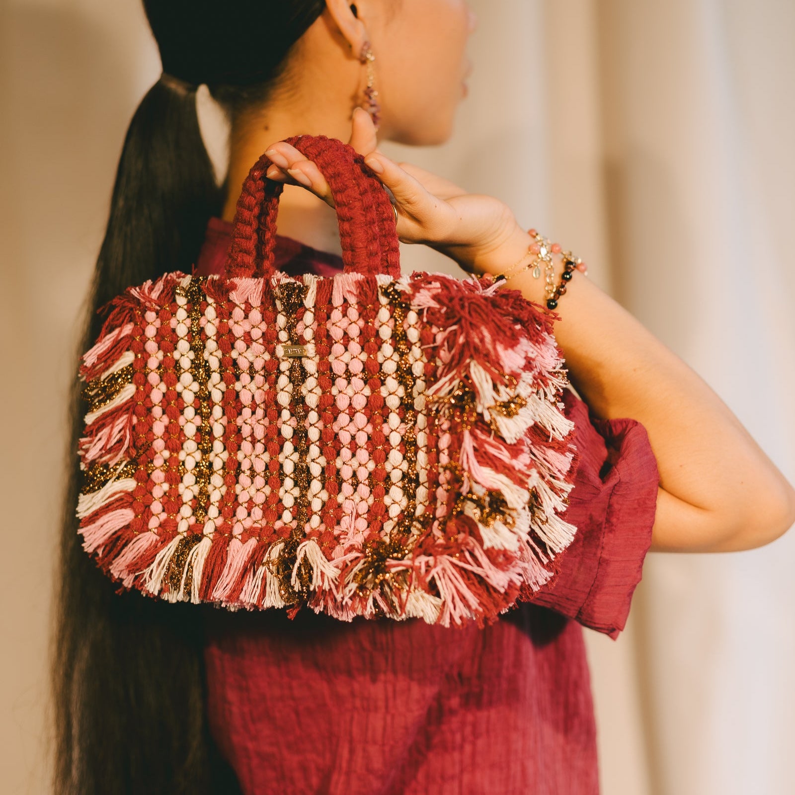 Gosssypium Tote Bag Small - Burgundy, Rose & Buttercream