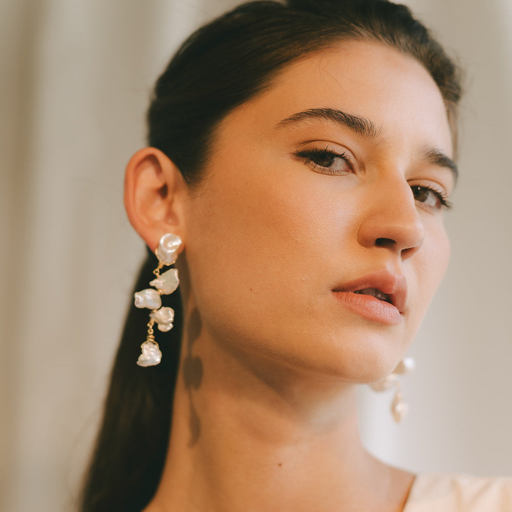 Dominga Earrings #1 (70mm) - White Pearl & 14K Gold-Filled Earrings FW25