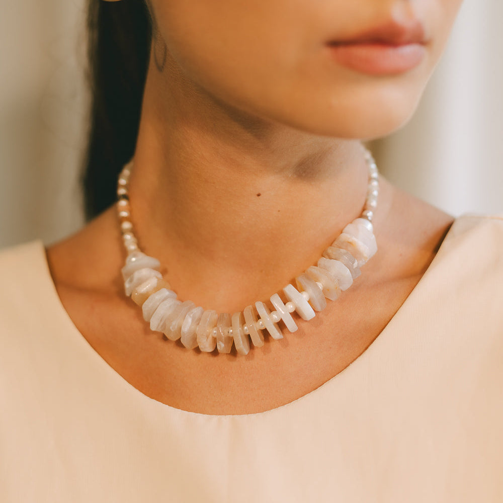 Concepcion Necklace #1 - White Pearl, Agate, Moonstone & 14K Gold-Filled