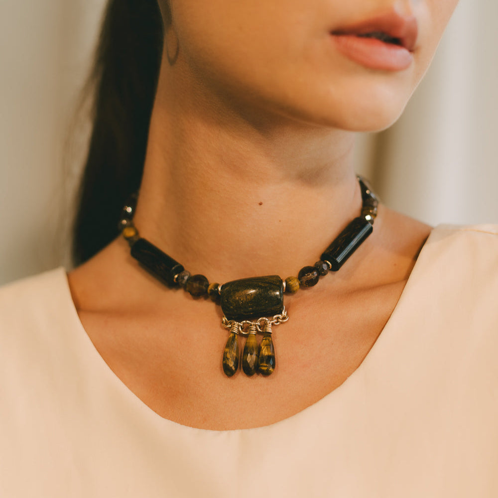 Melaza Necklace #1 - Bamboo Coral, Quartz, Bronzite, Tiger's Eye & 14K Gold-Filled