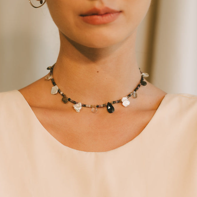 Isbelia Necklace #1 - White Pearl, Quartz, Opal, Jasper & 14K Gold-Filled
