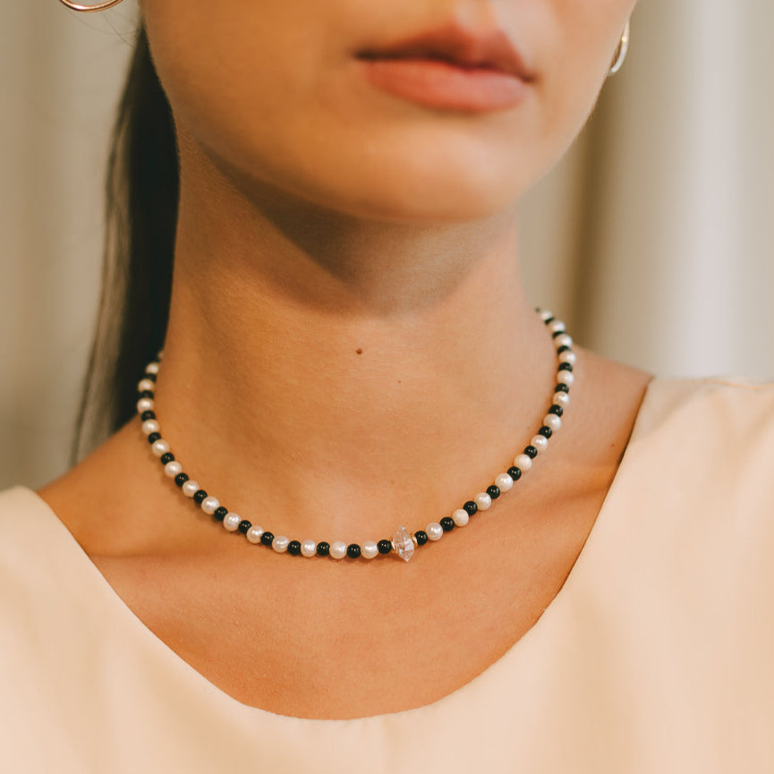 Joaquina Necklace #1 - White Pearl, Rainbow Obsidian, Quartz & 14K Gold-Filled