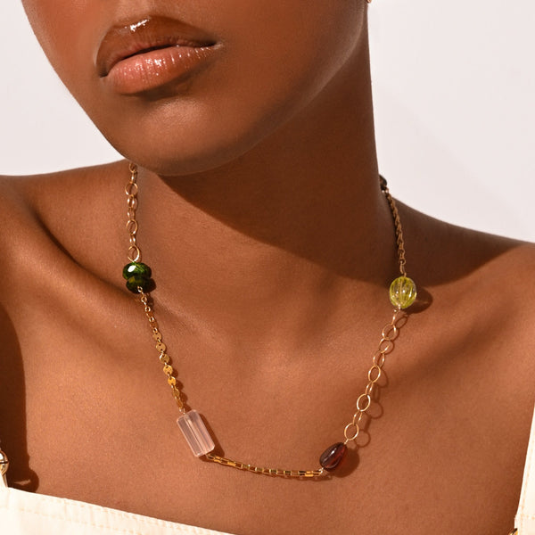 Pensamientos Necklace #04 Salmon Pearl, cuarzo ahumado, cuarzo rosa, prinite, hessonite Necklaces TARBAY   