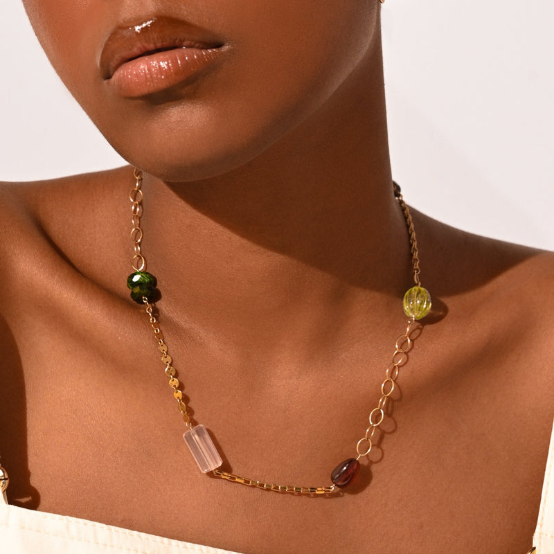 Pensamientos Necklace #04 Salmon Pearl, cuarzo ahumado, cuarzo rosa, prinite, hessonite Necklaces TARBAY   