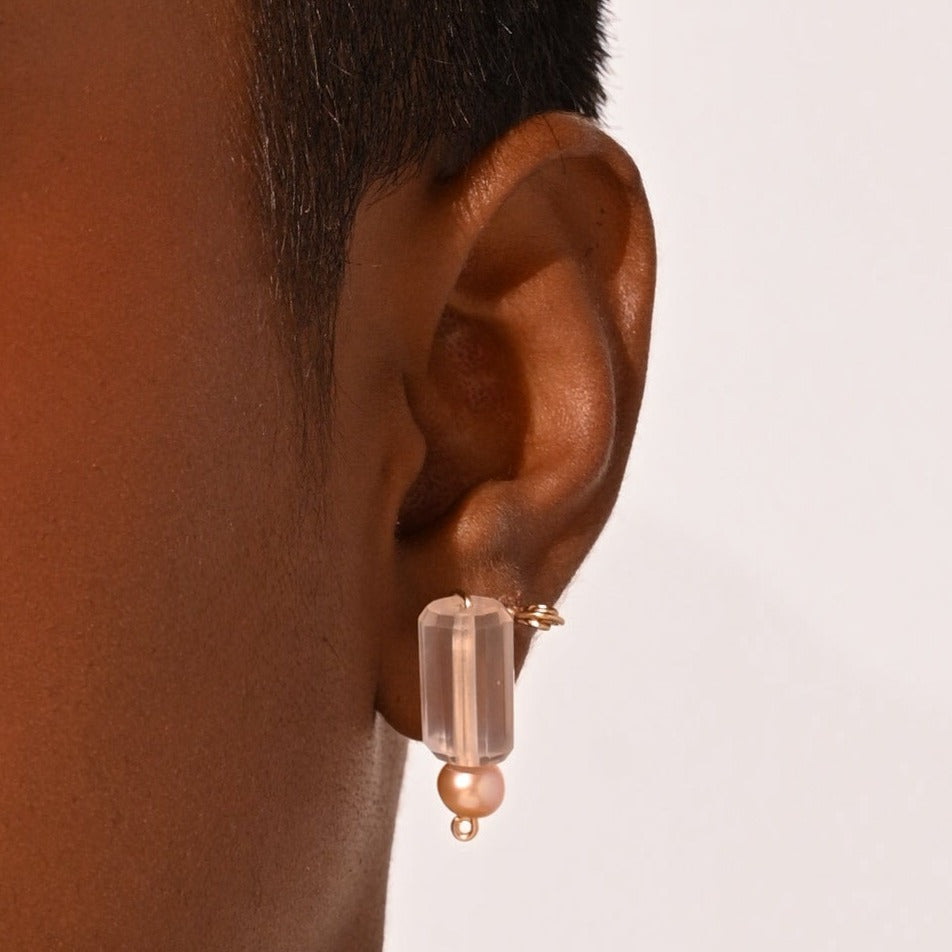 Bromelia Earrings #2 (30mm) - Cuarzo Rosa & Salmon Pearl Earrings TARBAY   