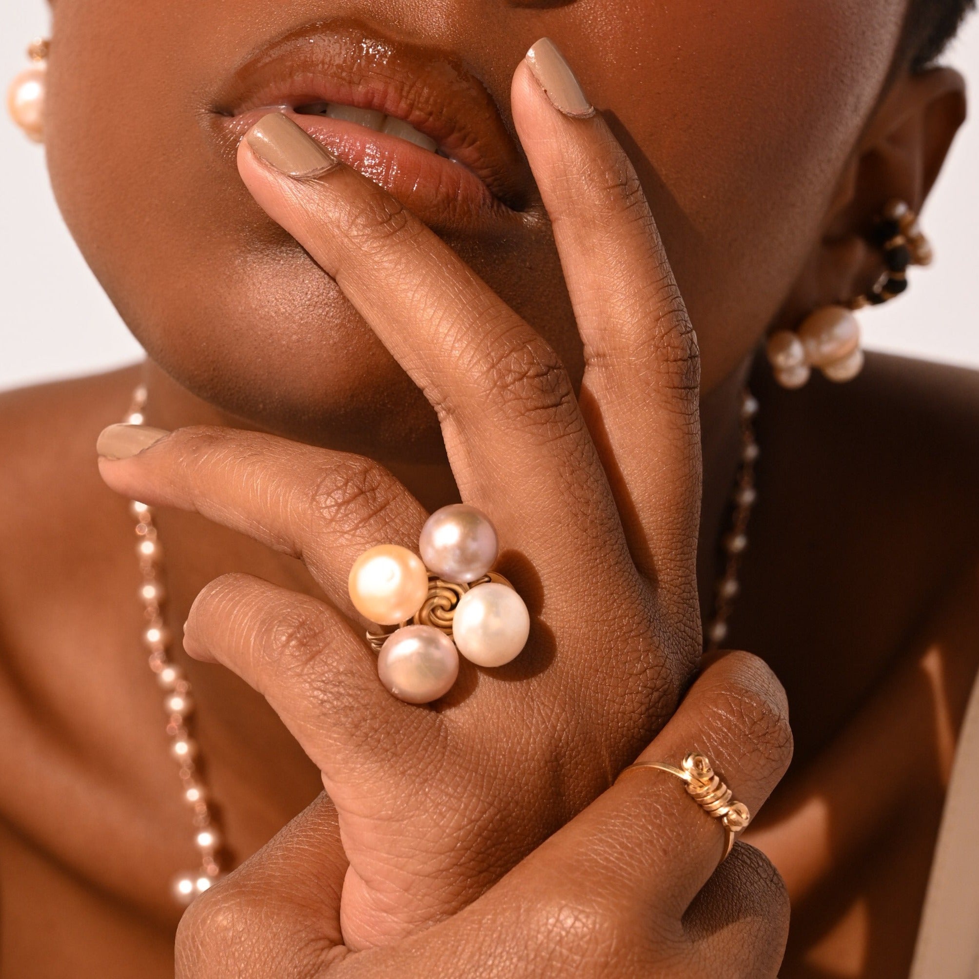 Pearl Ring #6 (28mm) - Salmon Pearl, White Pearl & Yellow Gold Rings TARBAY   