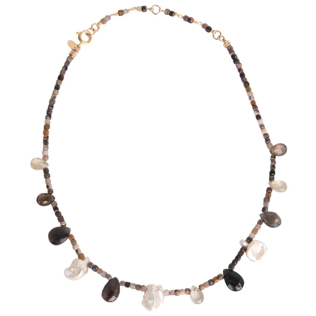 Isbelia Necklace #1 - White Pearl, Quartz, Opal, Jasper & 14K Gold-Filled