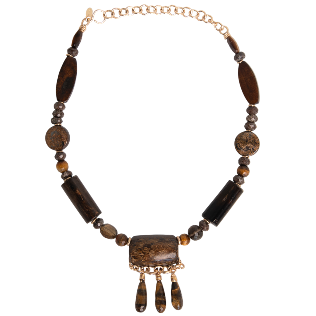 Melaza Necklace #1 - Bamboo Coral, Quartz, Bronzite, Tiger's Eye & 14K Gold-Filled