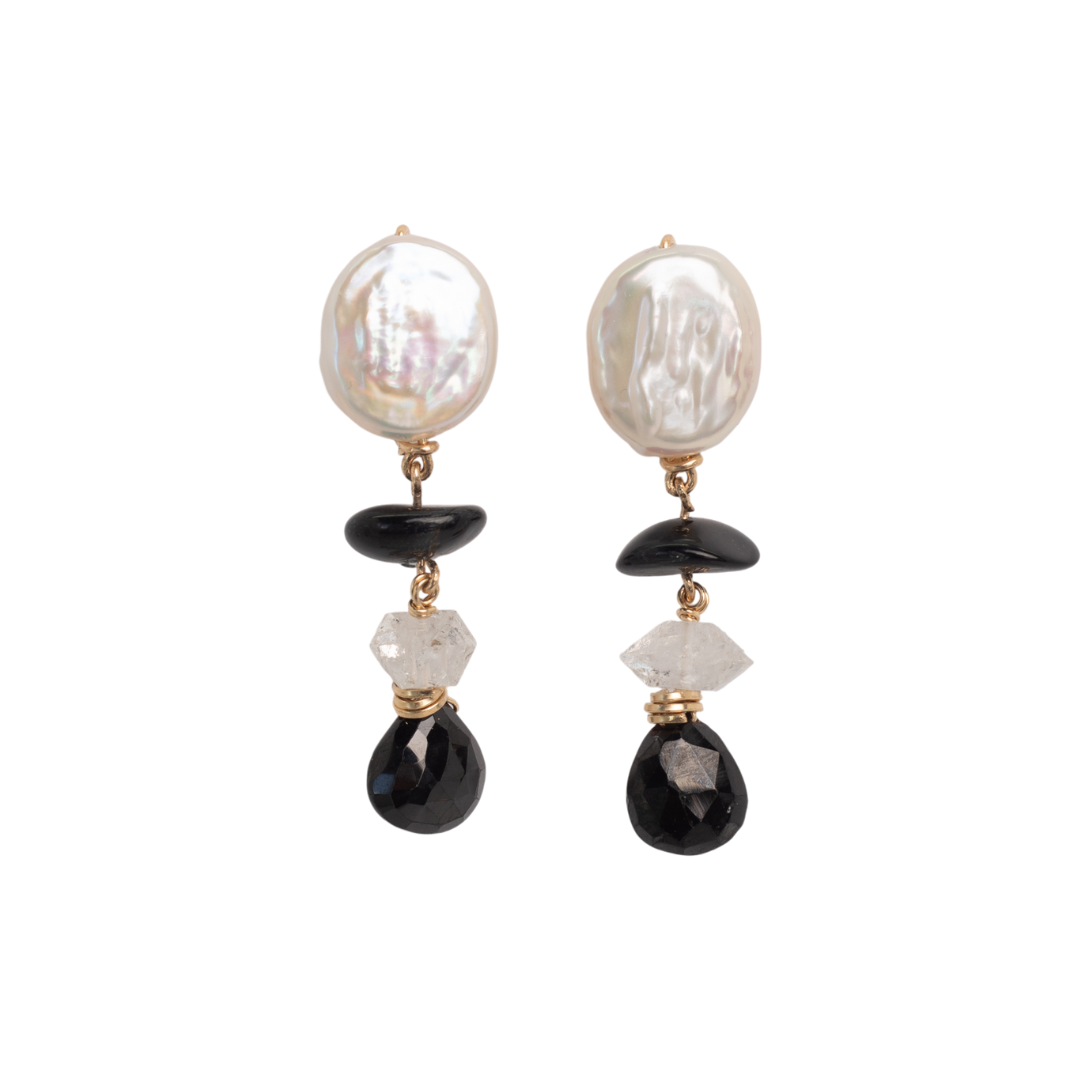 Micaela Earrings #1 (55mm) - White Pearl, Black Spinel, Tiger's Eye & 14K Gold-Filled