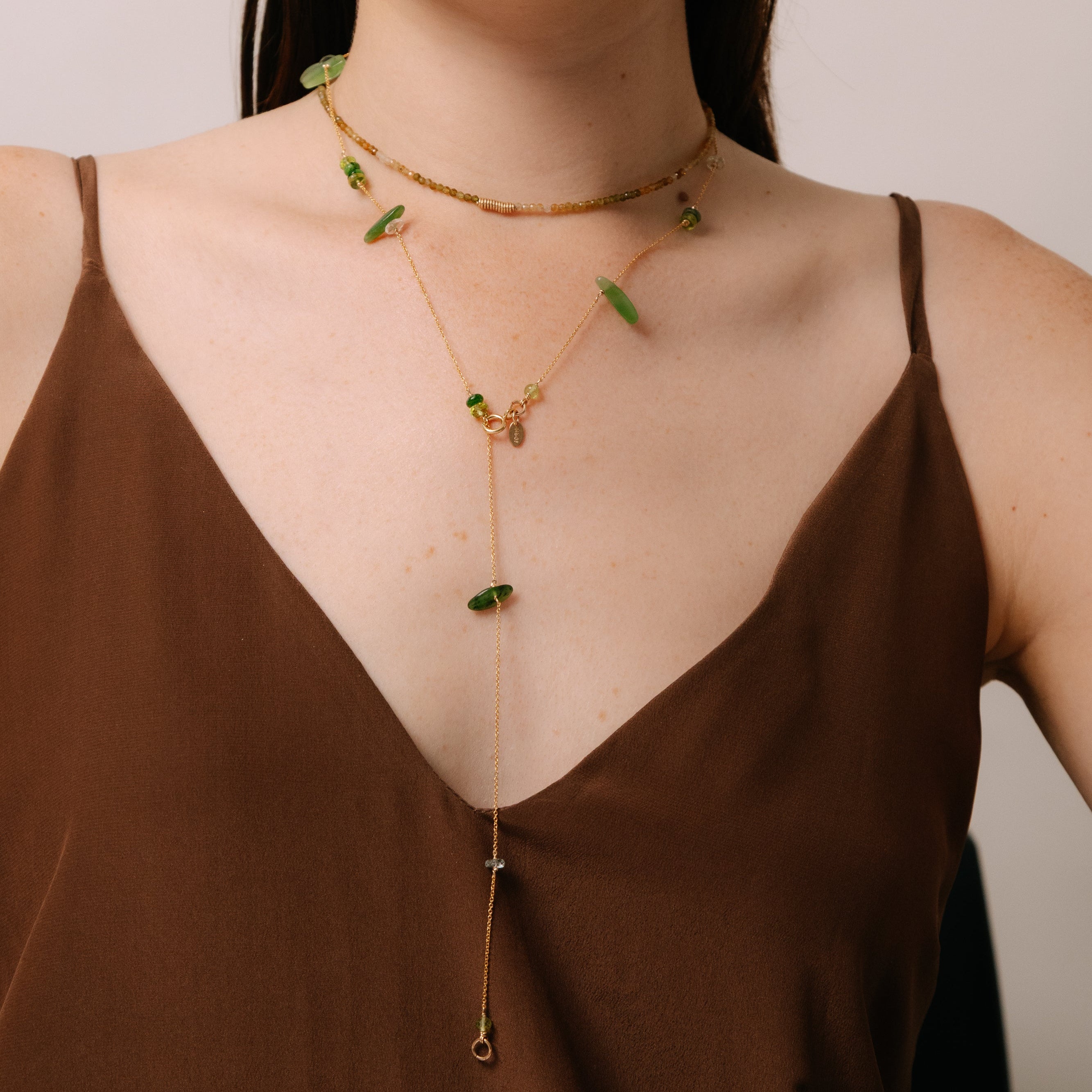 Yuri Necklace #1 (65cm) - Peridot, Aquamarine, Jade, Chrome & 14K Gold-Filled Necklaces TARBAY