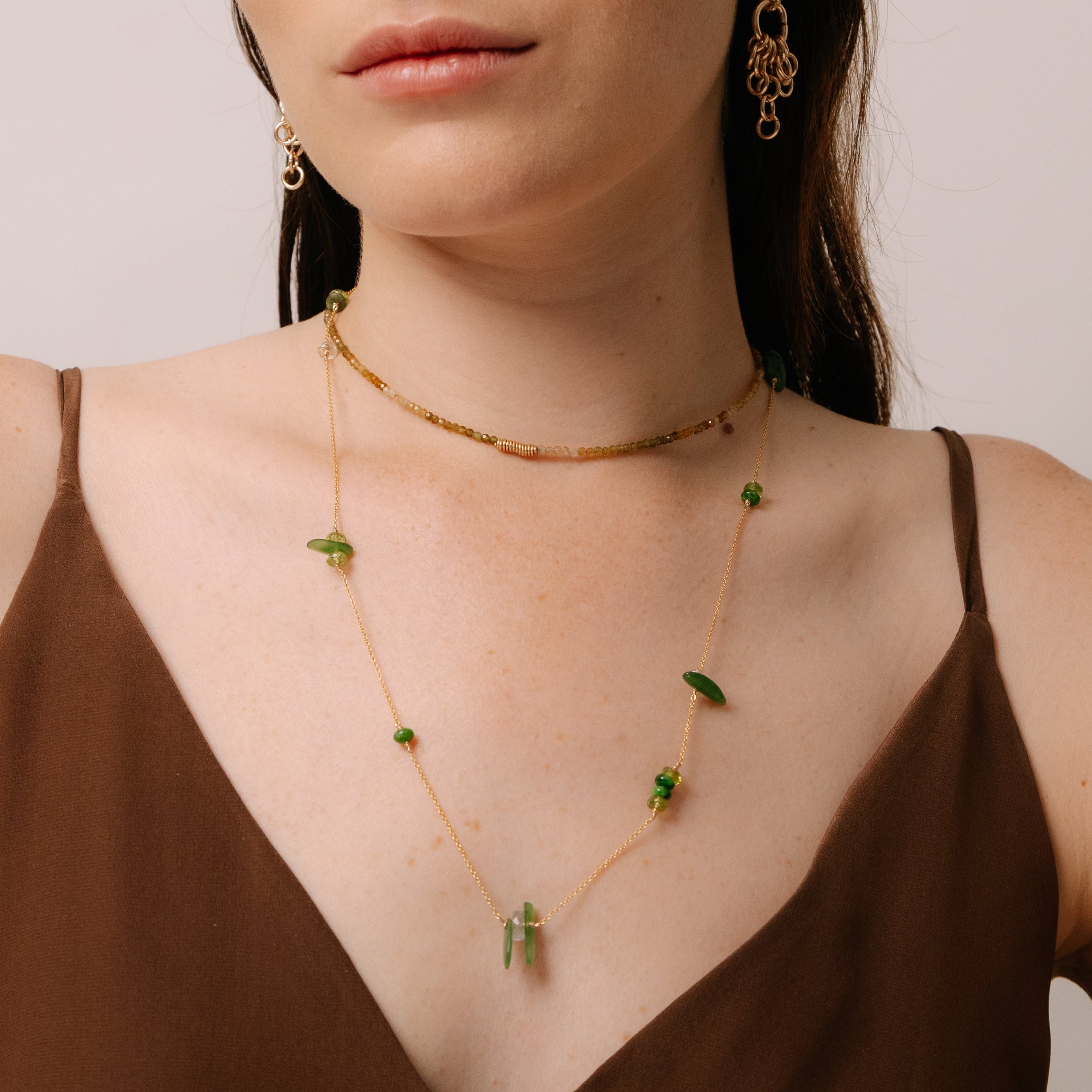 Yuri Necklace #1 (65cm) - Peridot, Aquamarine, Jade, Chrome & 14K Gold-Filled Necklaces TARBAY
