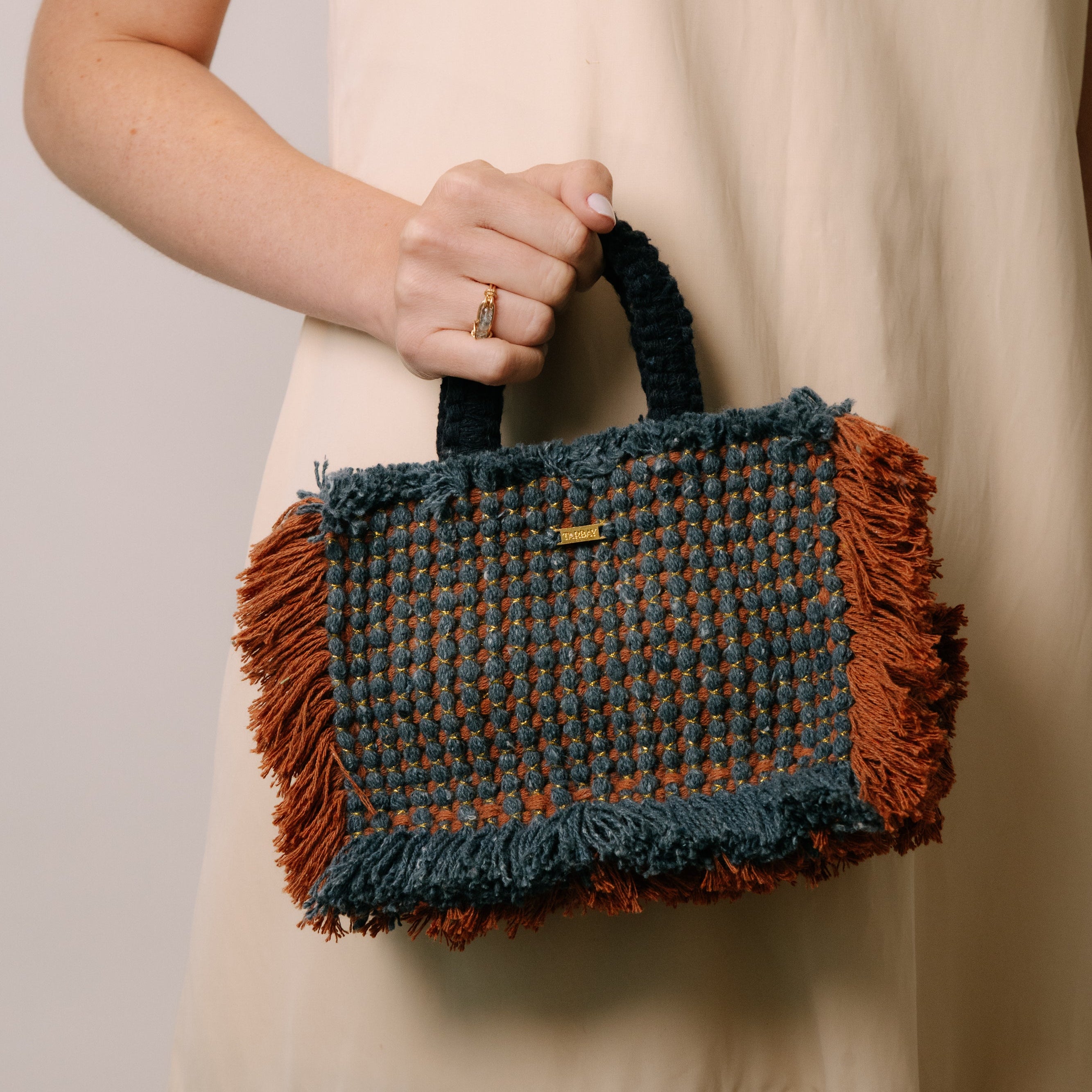 Gossypium Tote Bag Small - Navy & Caramel