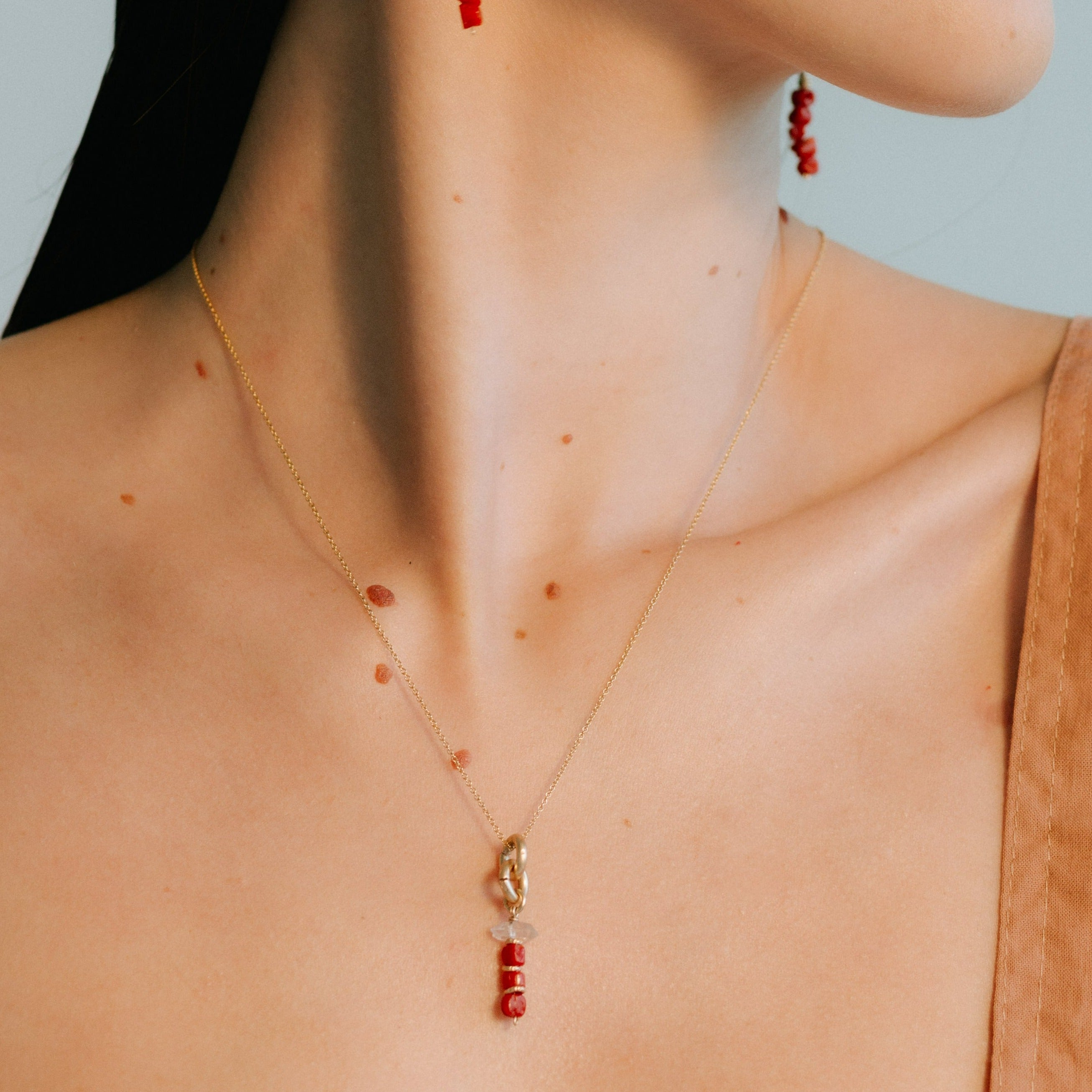 Koralli Necklace #1 - Red Agate, Red Coral, Diamond Quartz & Rice Pearl Necklaces TARBAY   