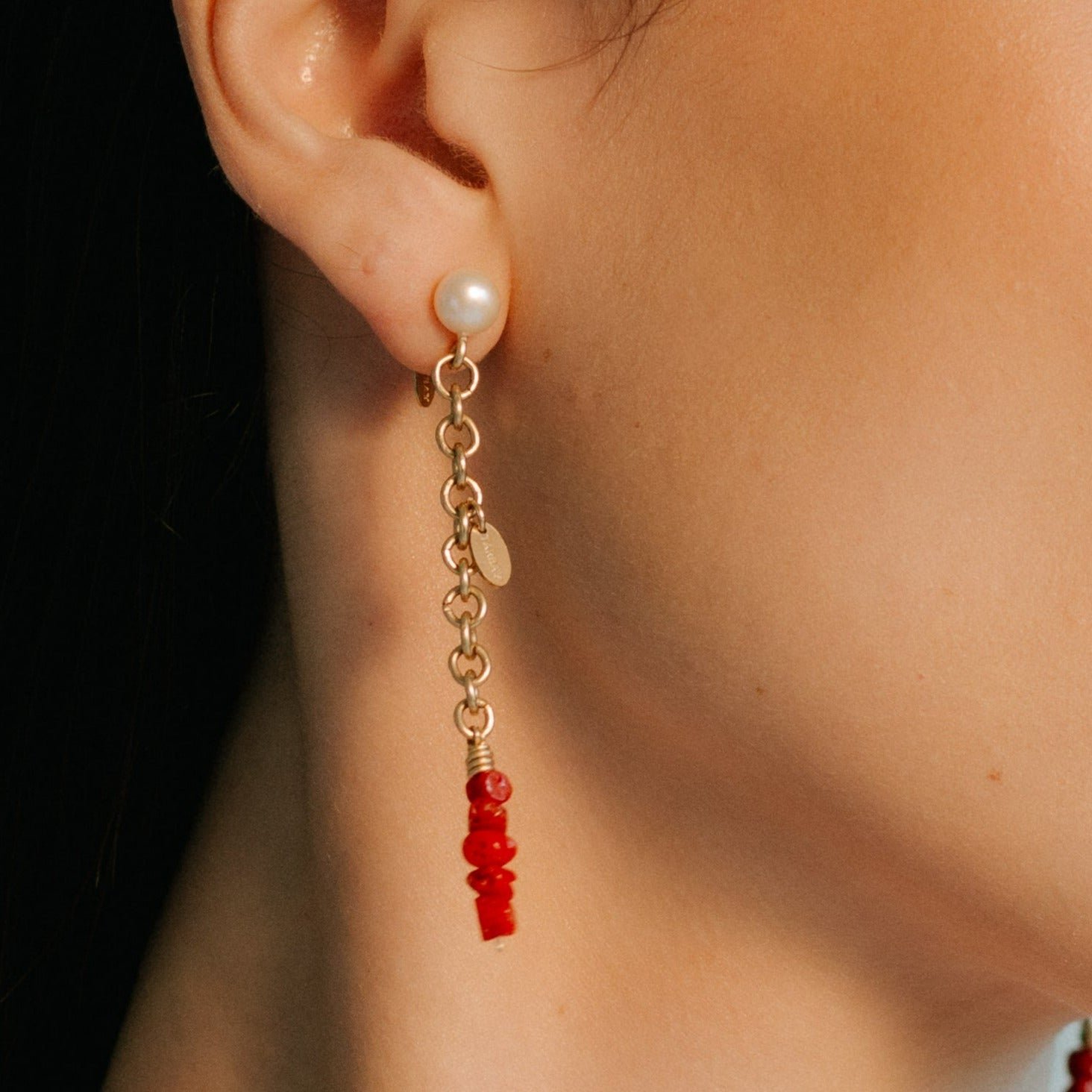 Jarcia Earrings (70mm) - White Pearl & Red Coral Earrings TARBAY   